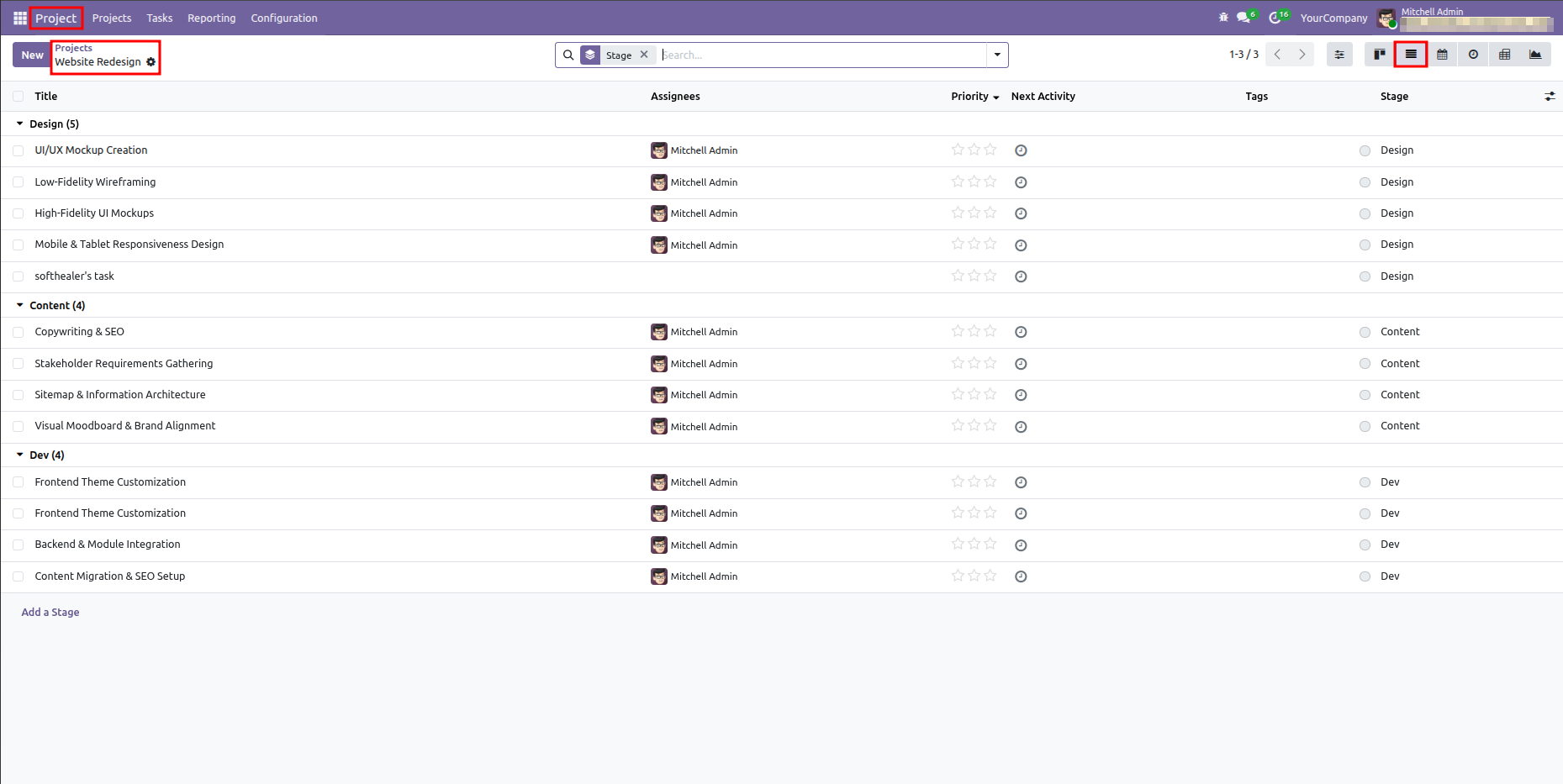Odoo Project task list view grouped by Stage showing columns for title, assignee, and stage.
