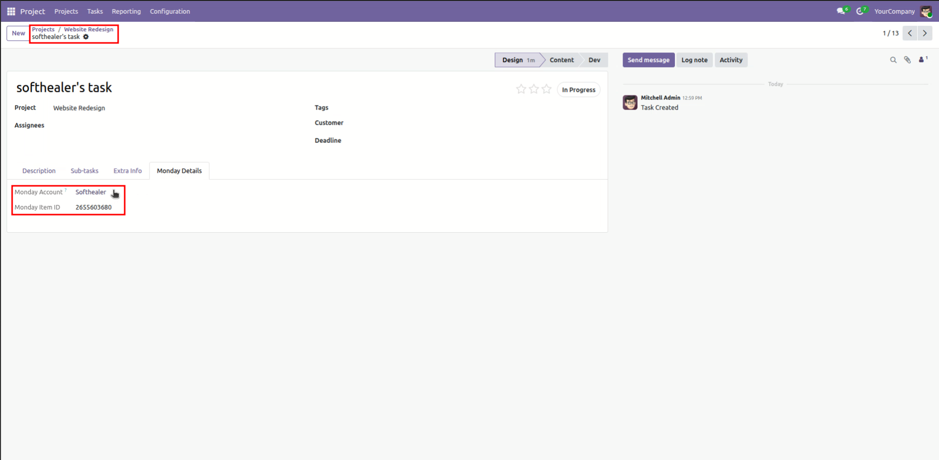 Odoo Task form view for softhealer's task showing active Monday Details tab with Item ID.