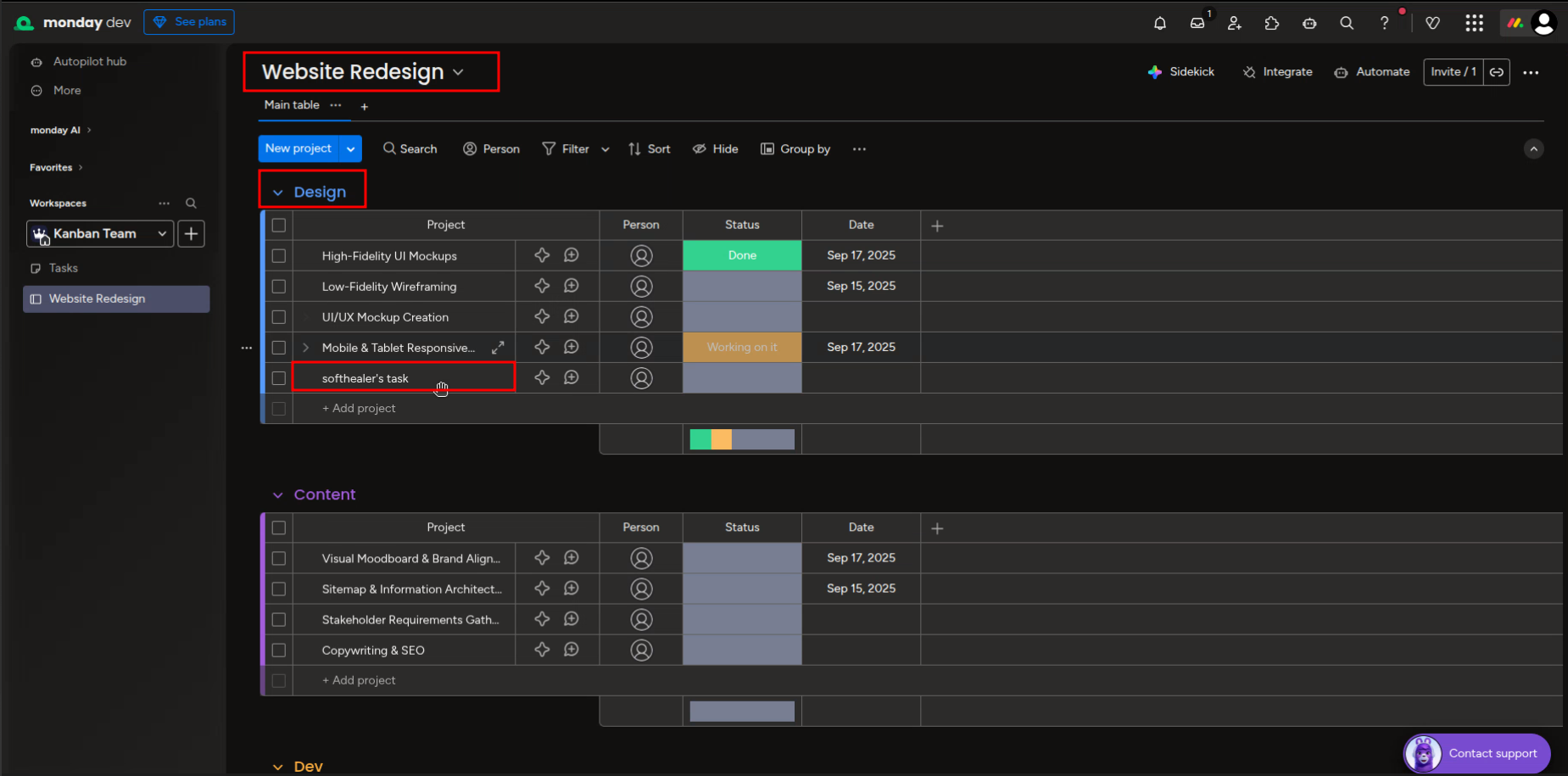 Monday.com board view in dark theme displaying synced task in the Design group.