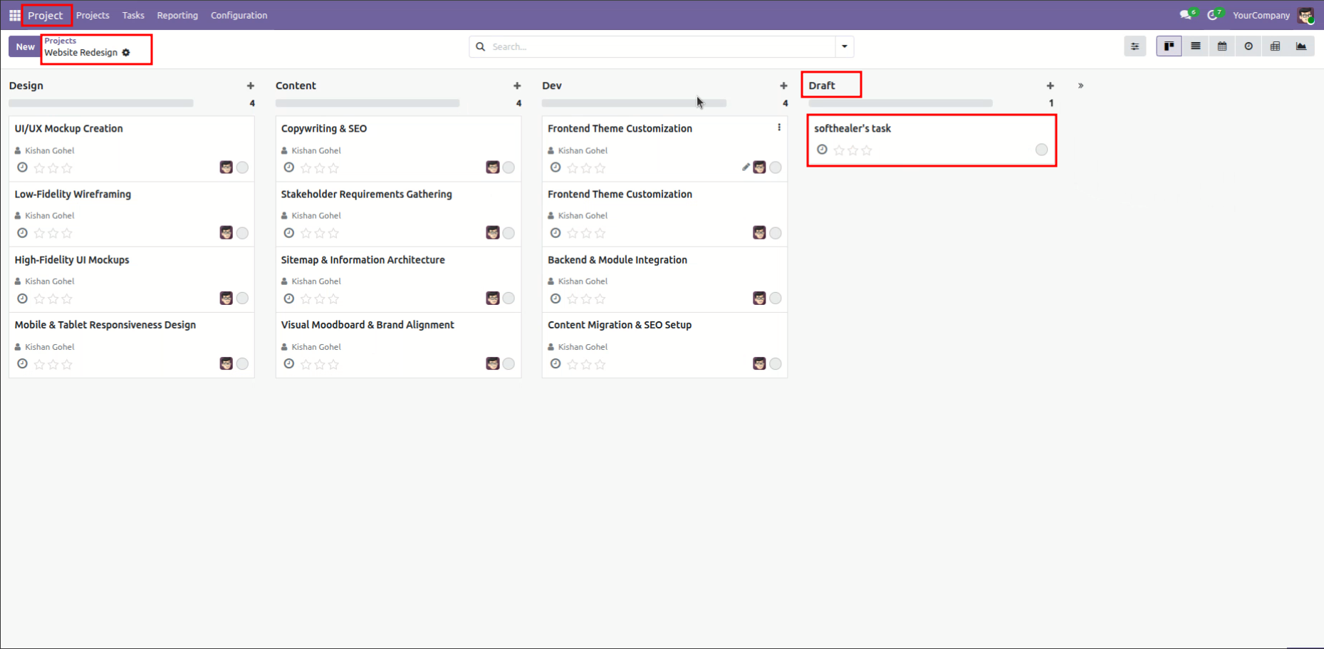 Odoo Project tasks Kanban view showing softhealer's task under the newly synced Draft stage.