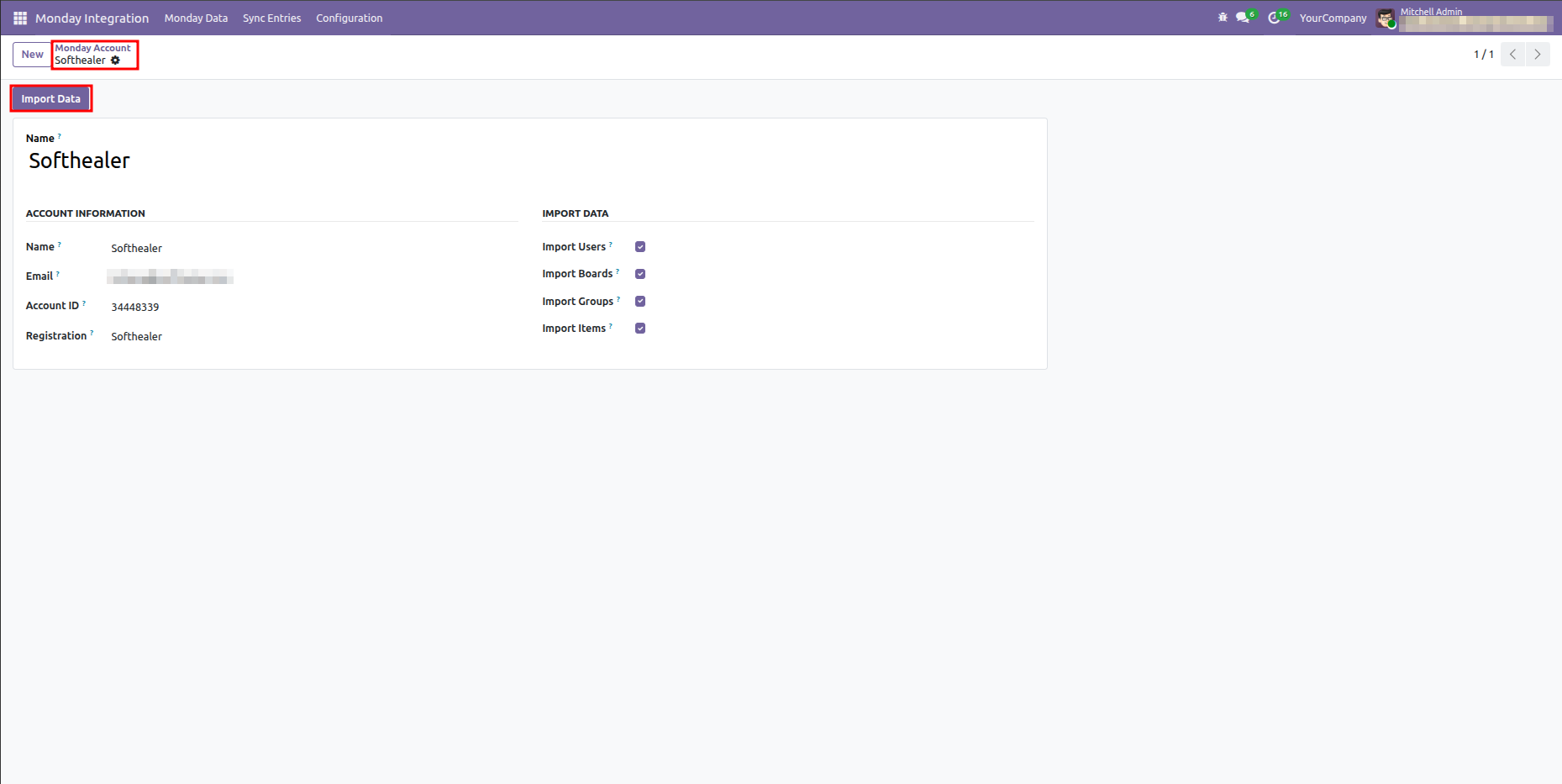 Odoo Monday Account form view highlighting the Import Data button to trigger manual sync.