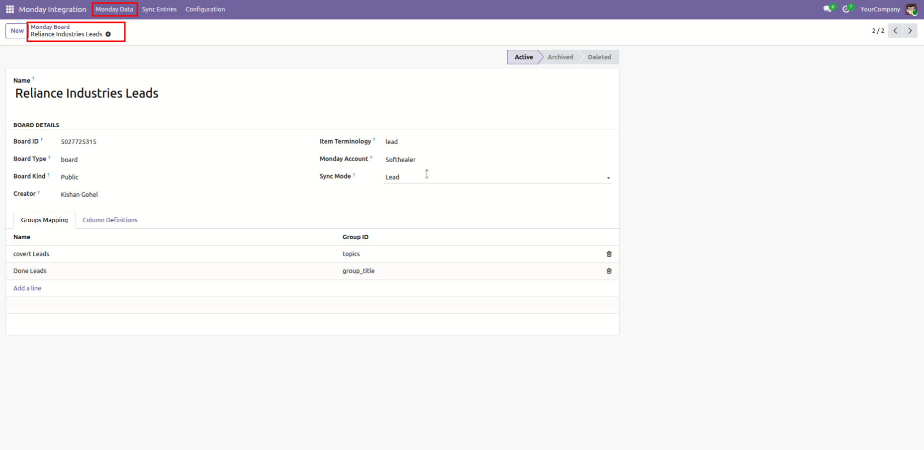 Odoo Monday Board form view for Reliance Industries Leads with Sync Mode set to Lead and mapped groups.