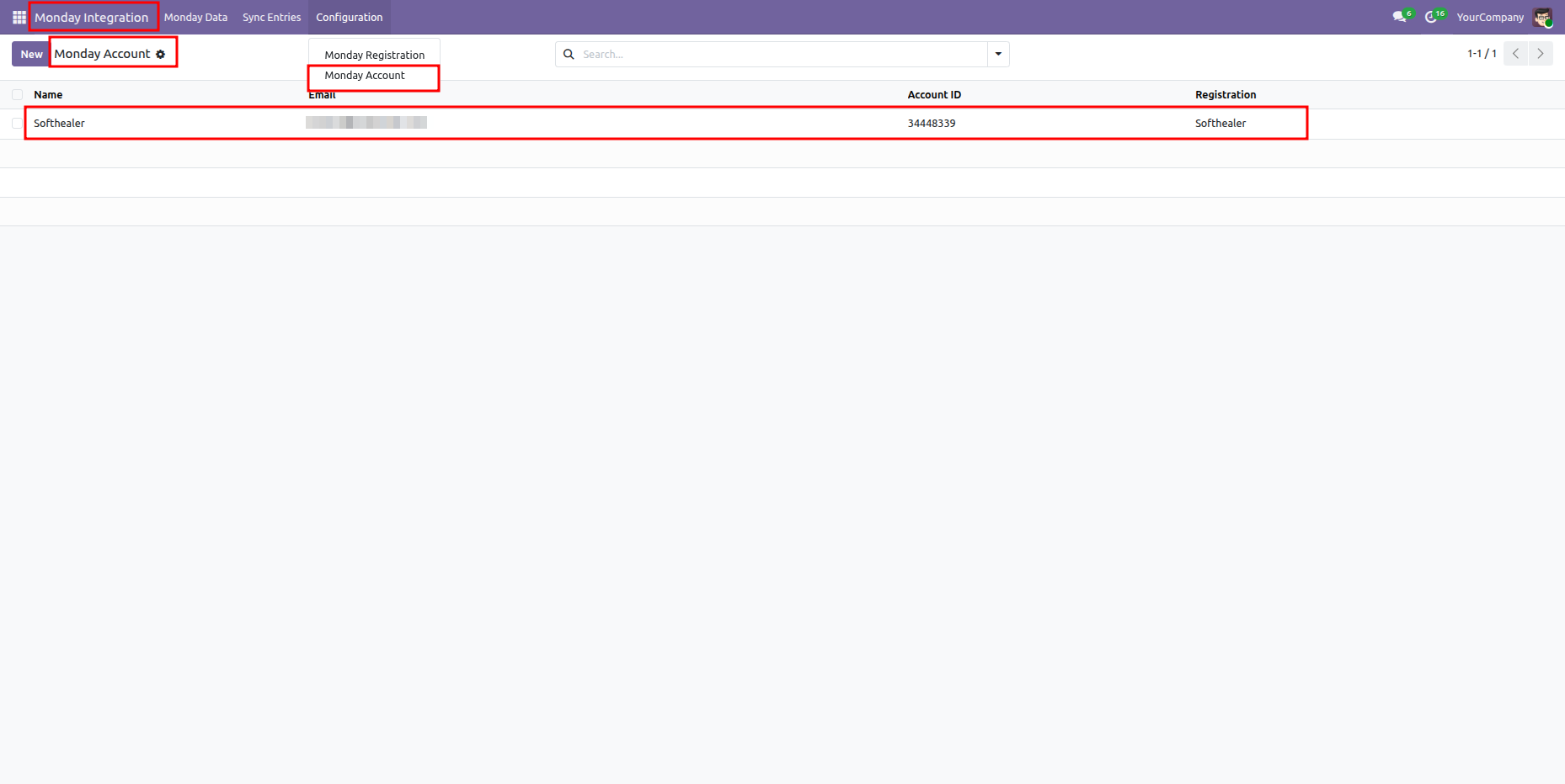 Odoo Monday Account list showing a successfully registered account record for Softhealer.