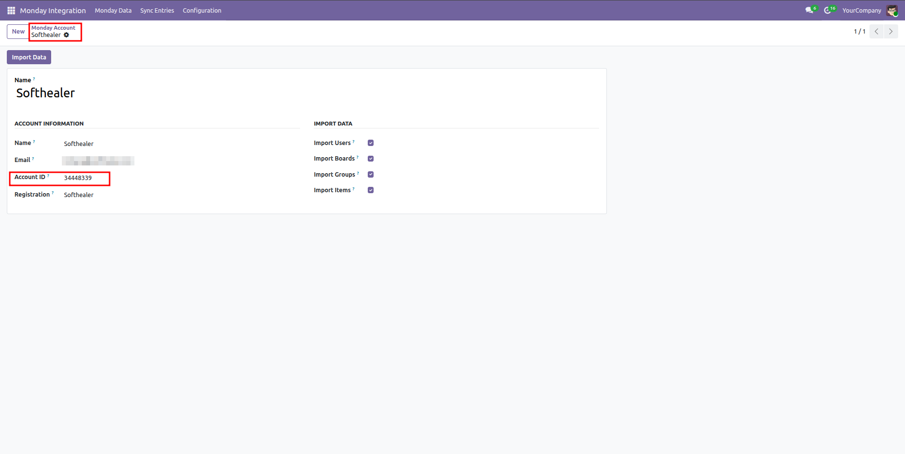 Odoo Monday Account form view showing Softhealer account information, account ID, and checked import parameters.