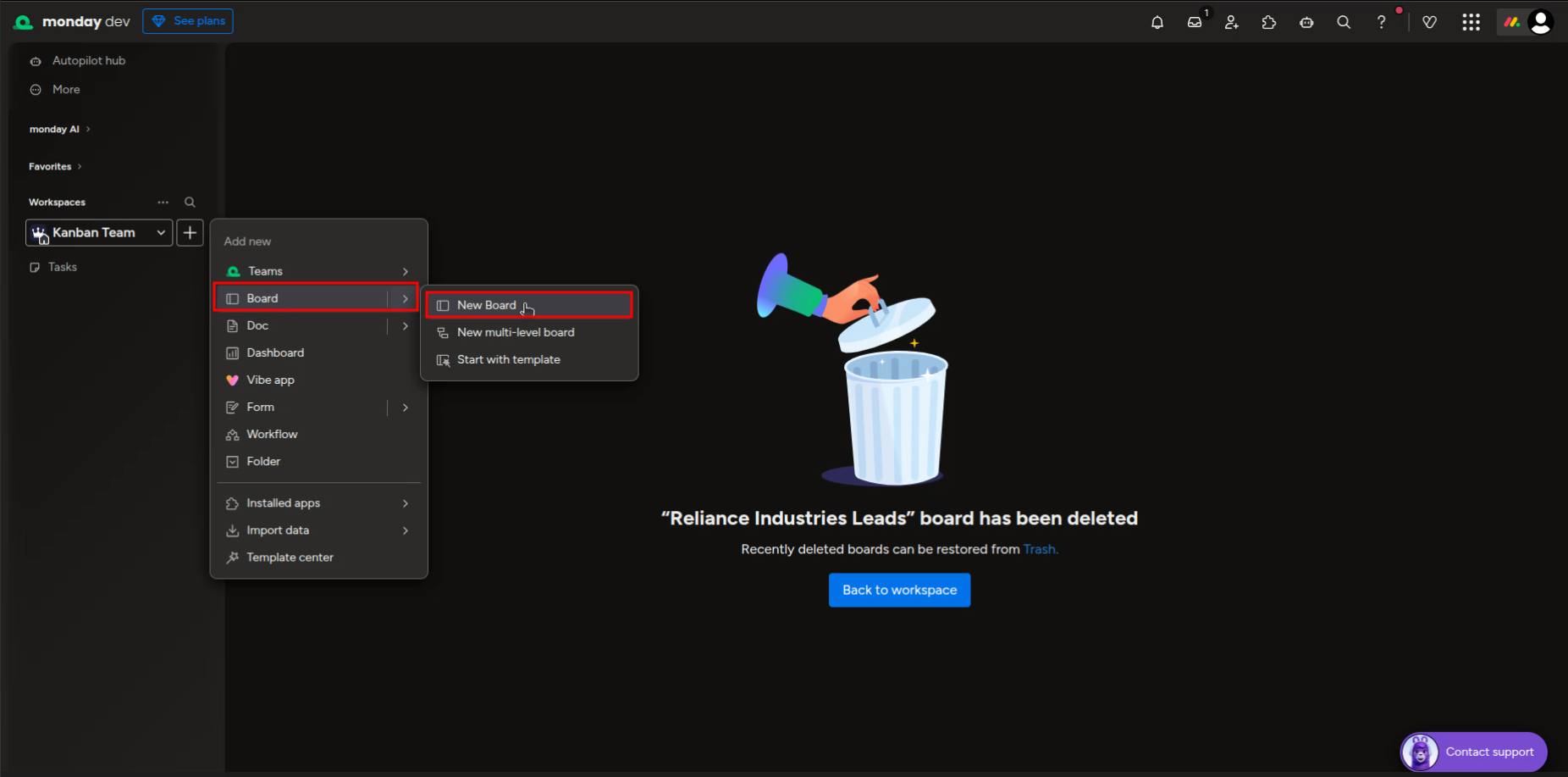 Monday.com dev workspace interface in dark theme showing the Board creation options in the sidebar.