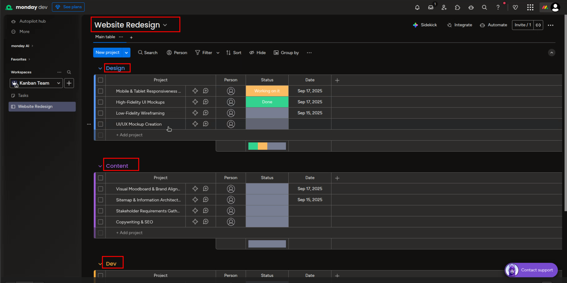 Monday.com Website Redesign board view in dark theme with Design, Content, and Dev task groups.