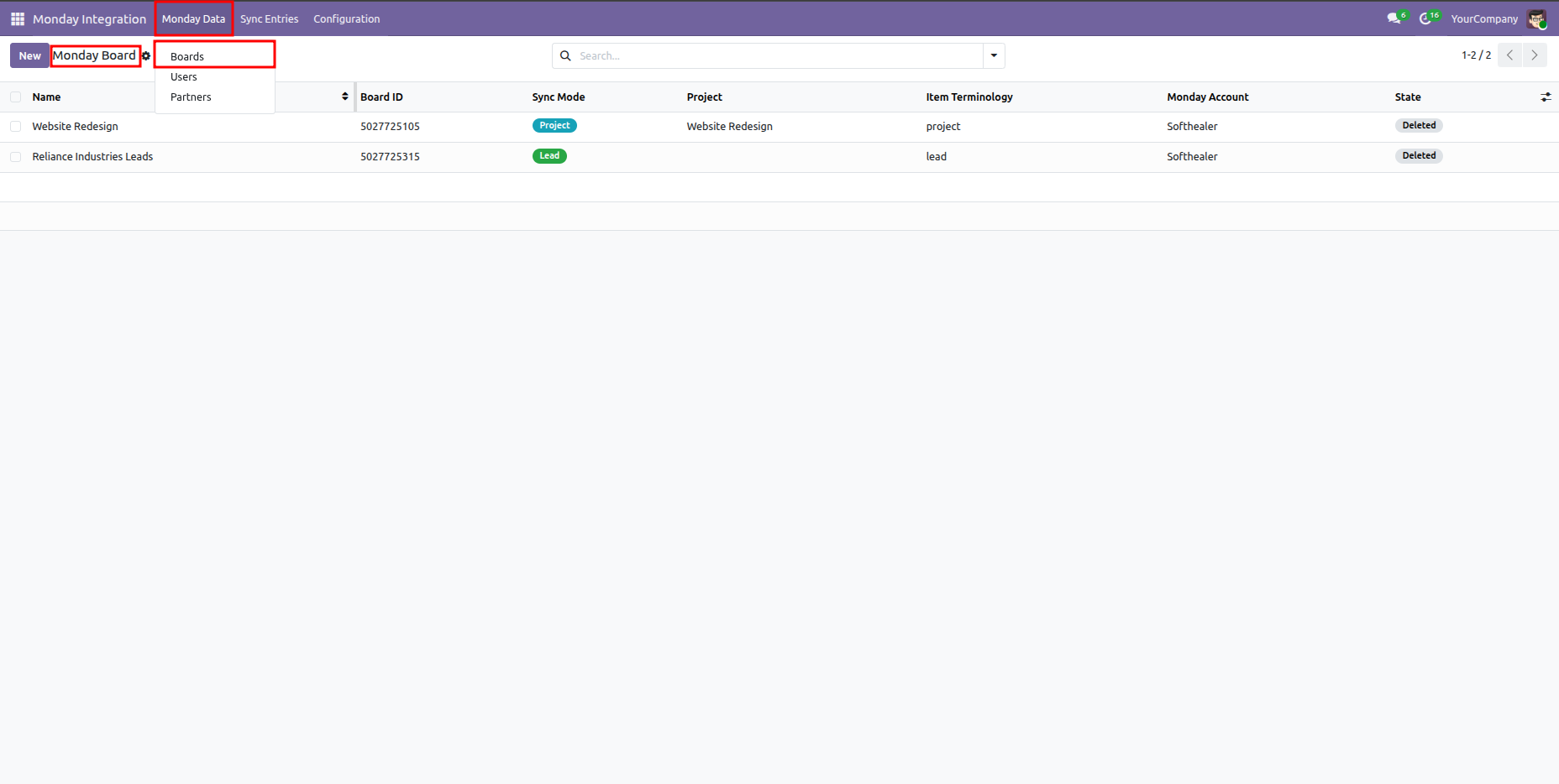 Odoo Monday Board list view showing Website Redesign and Reliance Industries Leads records with their sync modes.