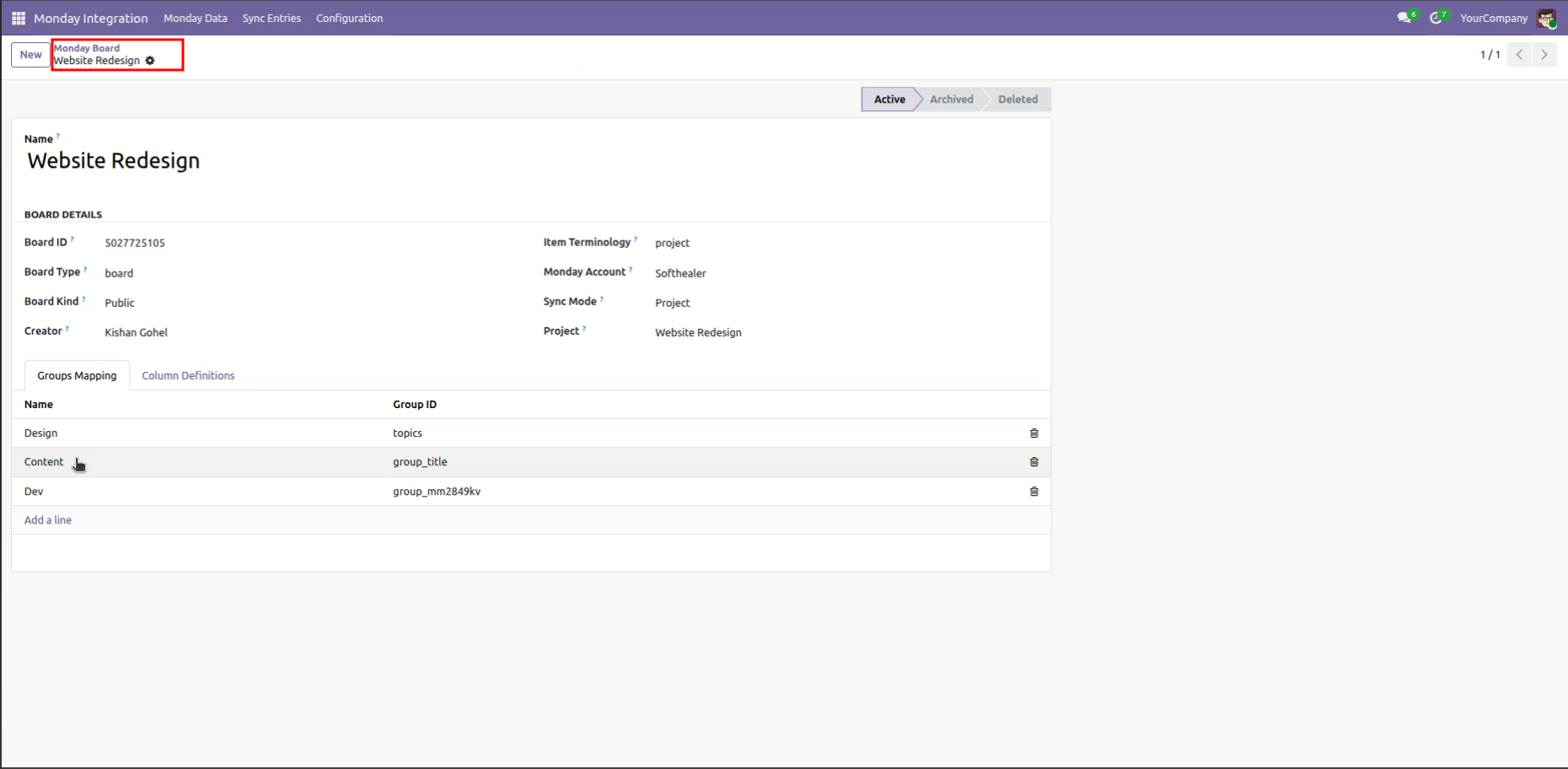 Odoo Monday Board form view for Website Redesign showing active Groups Mapping tab mapping Design, Content, and Dev.
