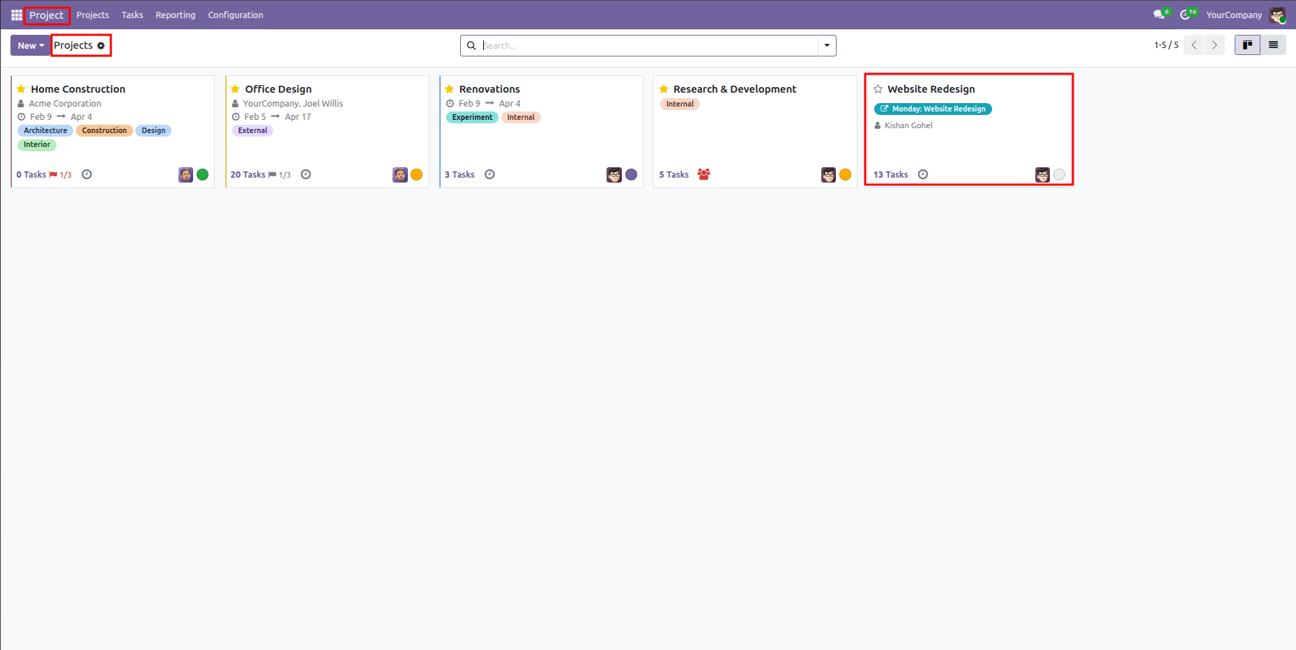 Odoo Projects Kanban dashboard highlighting the Website Redesign card with a Monday badge.