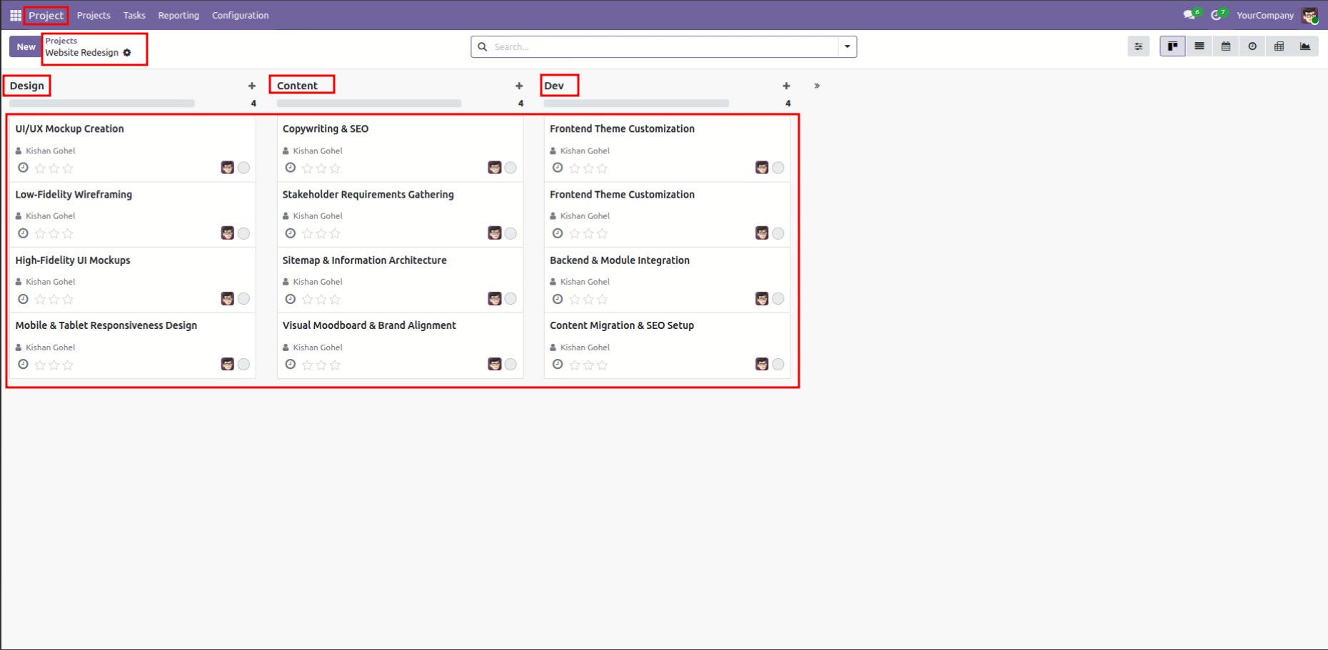 Odoo Project tasks view for Website Redesign displaying columns for Design, Content, and Dev stages.
