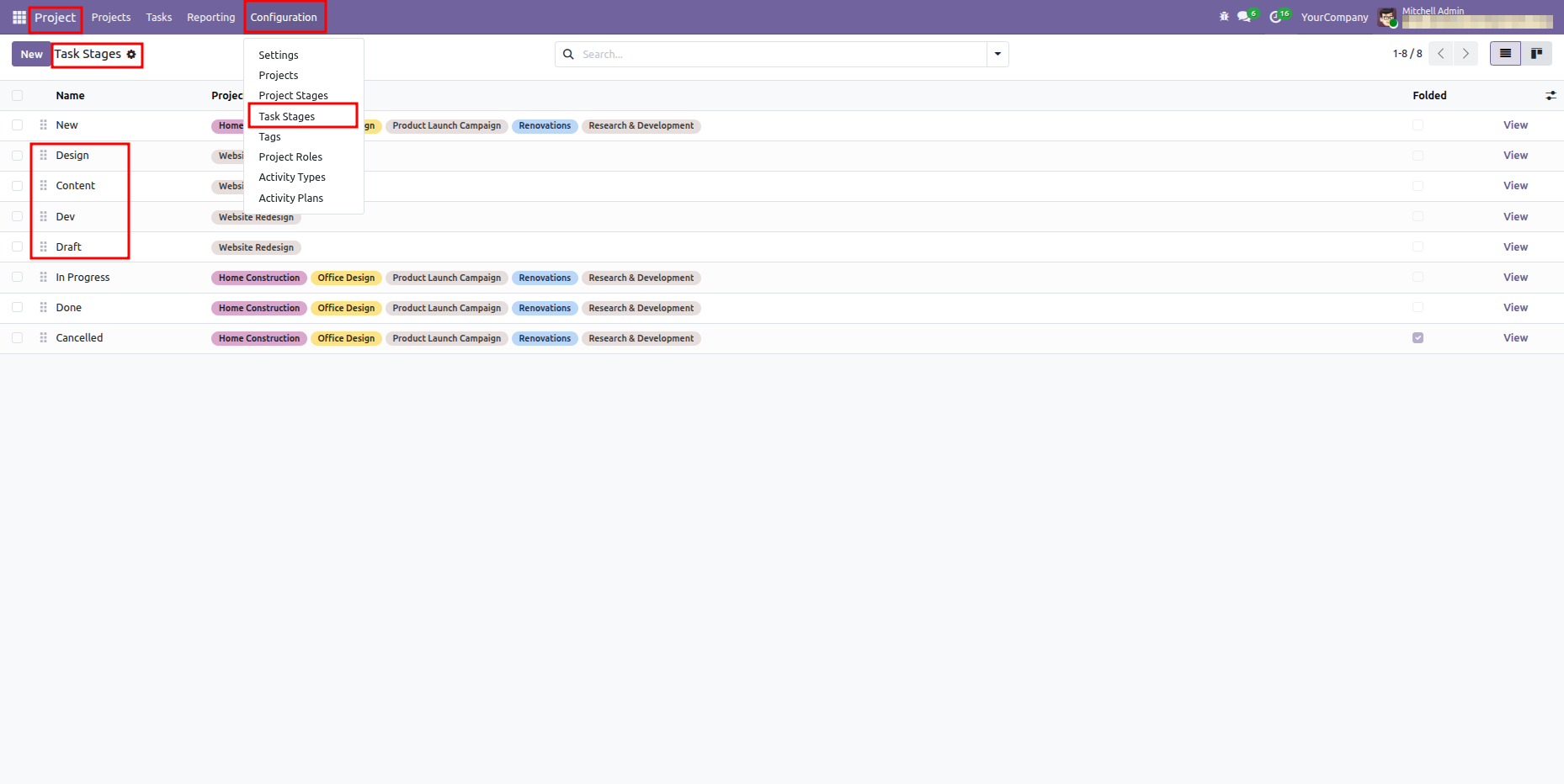 Odoo Task Stages list view showing mapped stages associated with the Website Redesign project.