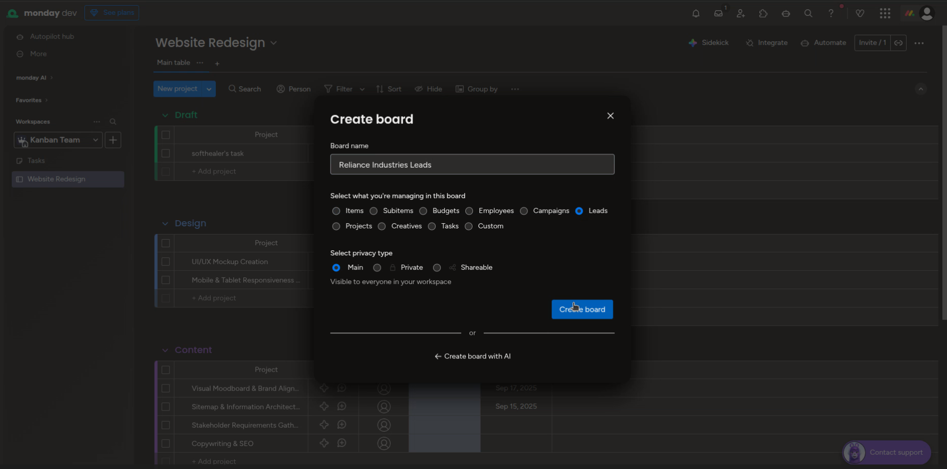 Monday.com Create Board dialog for a new leads board named Reliance Industries Leads.