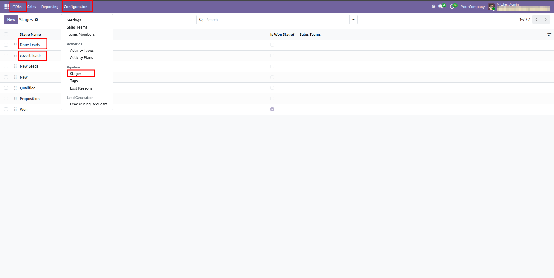 Odoo CRM stages list view displaying the mapped stages for Monday Leads.