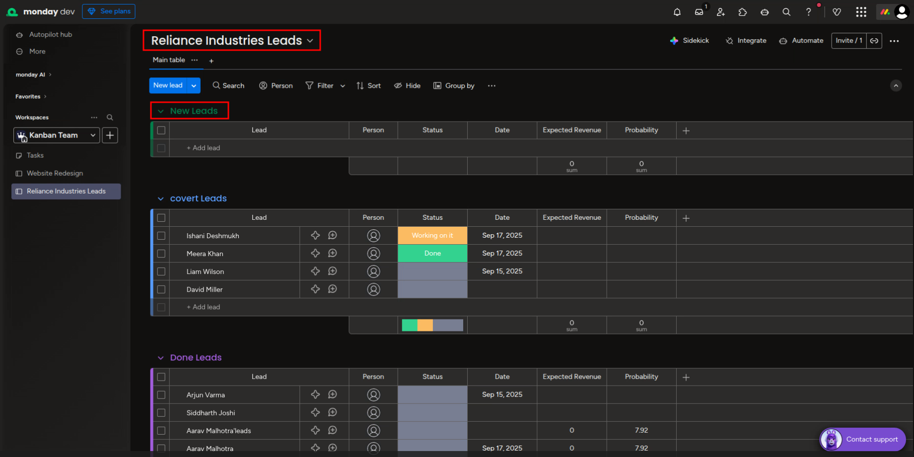 Monday.com leads board showing synced stages and custom fields like expected revenue.