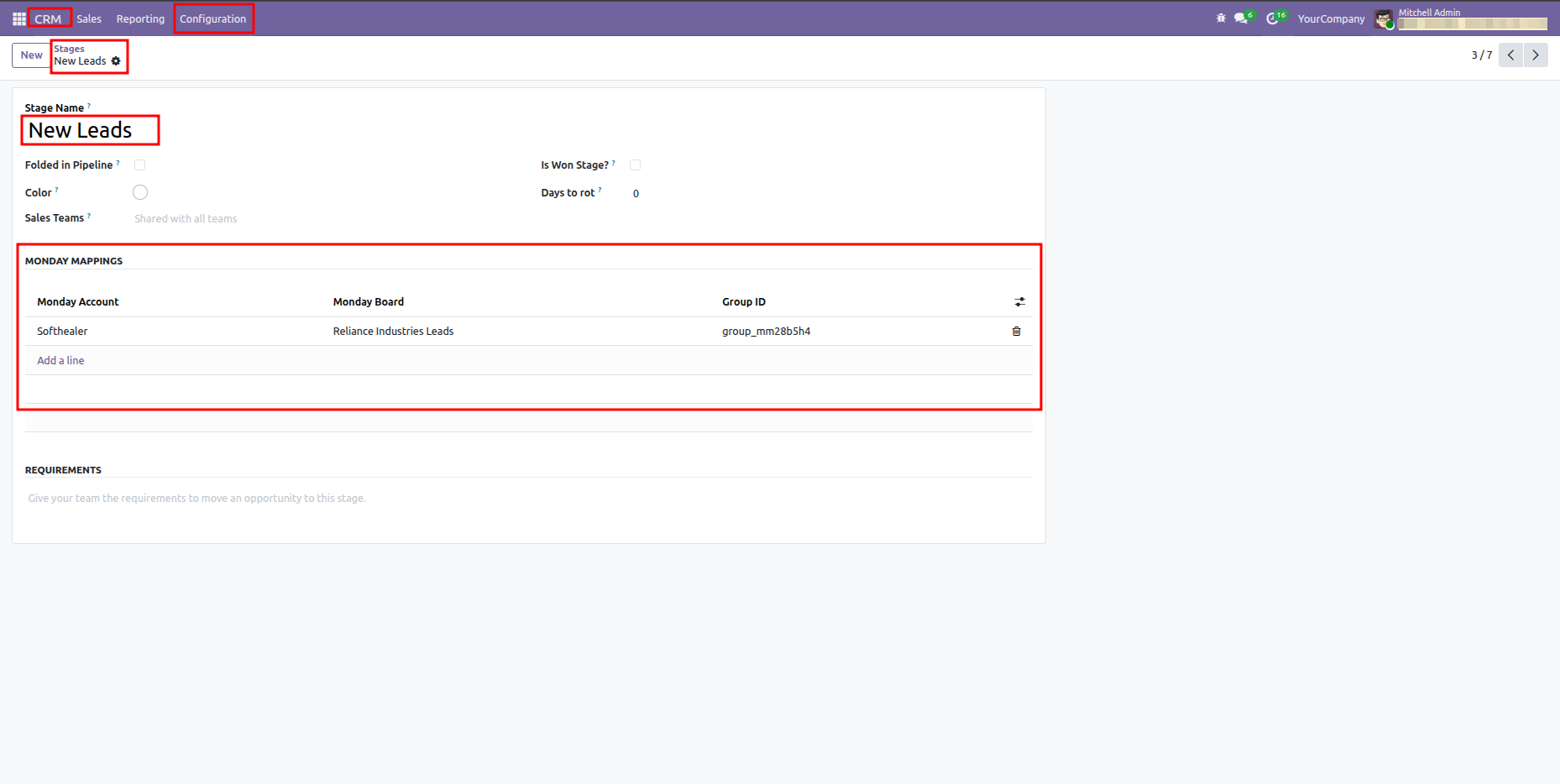 Odoo CRM stage form view for New Leads highlighting the Monday Mappings table.