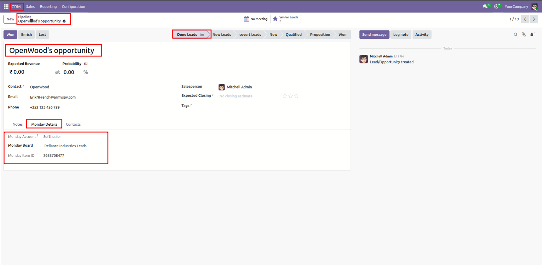 Odoo CRM Lead form view showing active Monday Details tab with mapped account and item ID.