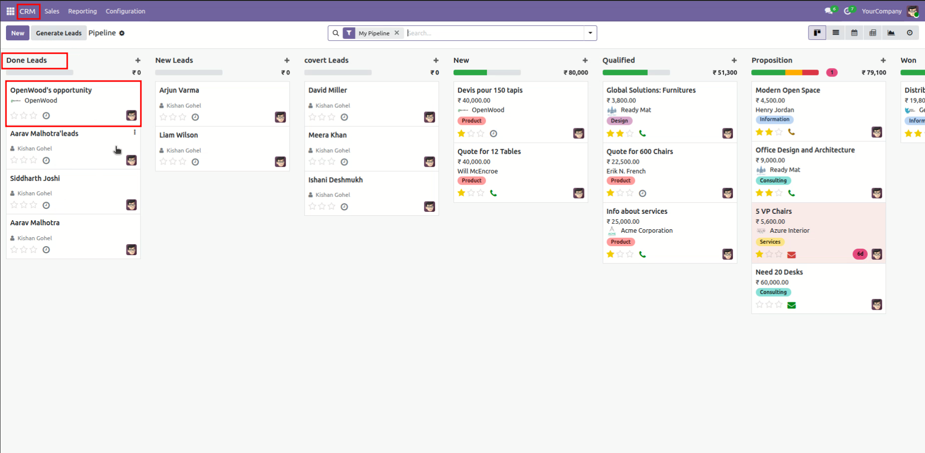 Odoo CRM Pipeline view displaying lead cards under synced Monday stages.