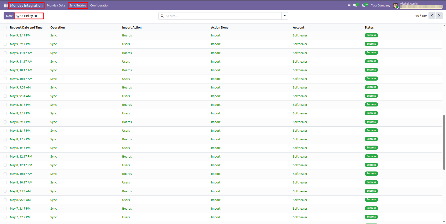 Odoo Sync Entries list view showing the operation logs of successful imports.