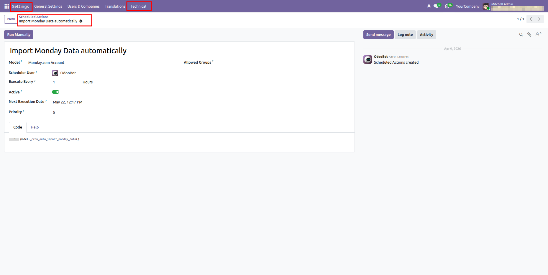 Odoo Scheduled Actions form view showing the cron job setup for automated Monday data import.