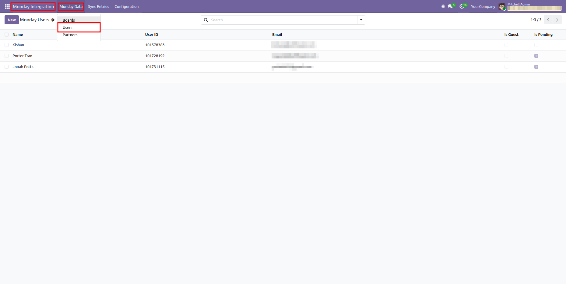 Odoo Monday Users list showing imported and mapped users from Monday.com.