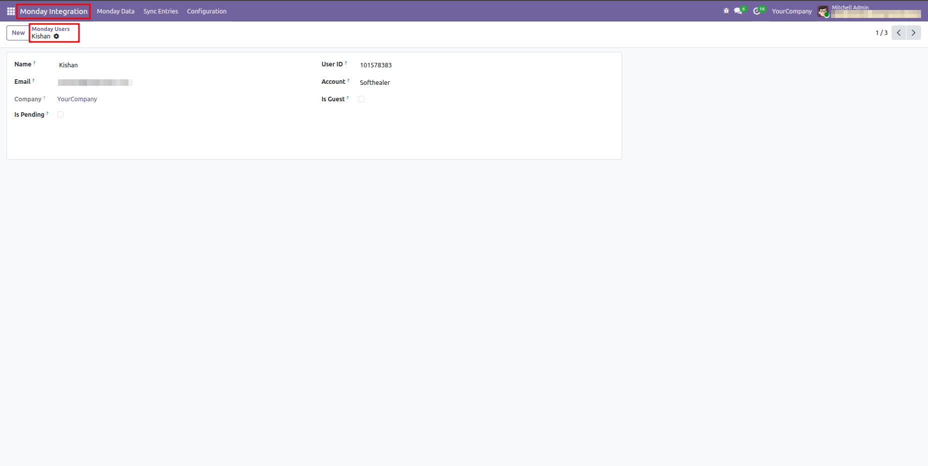 Odoo Monday Users form view showing detailed configuration for a specific synced user.