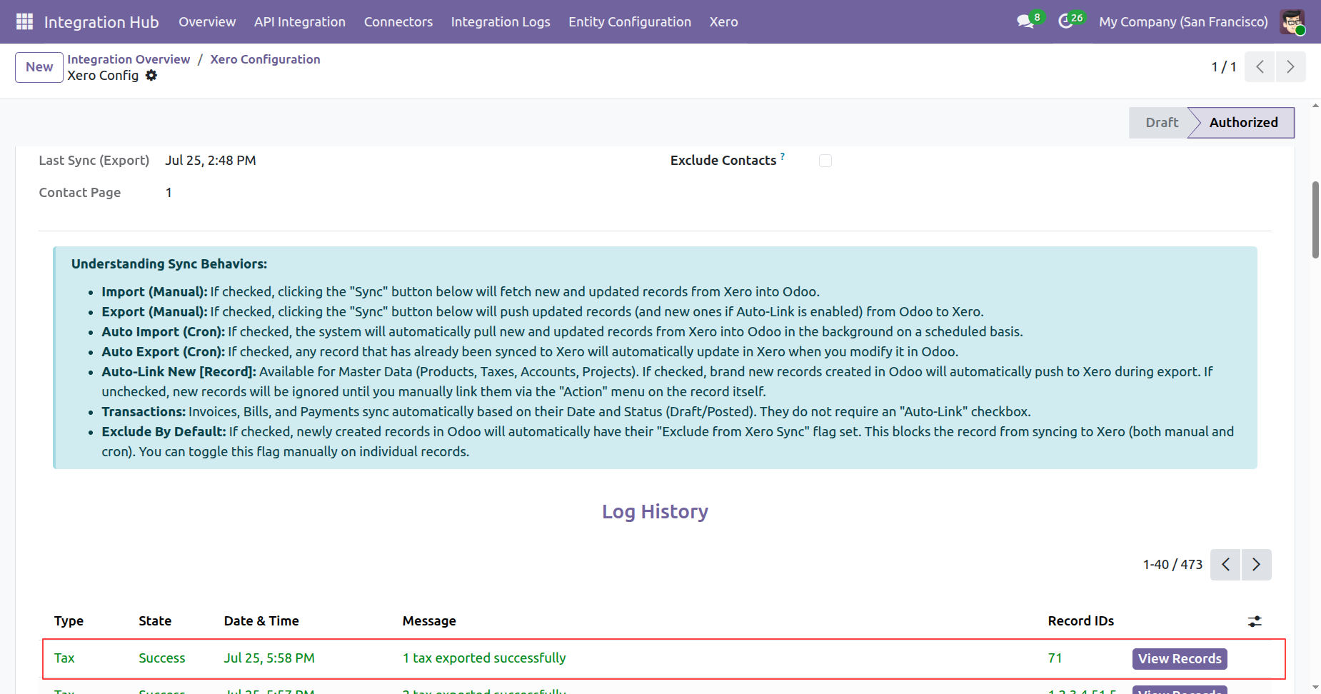 Tax sync log history in Xero Configuration