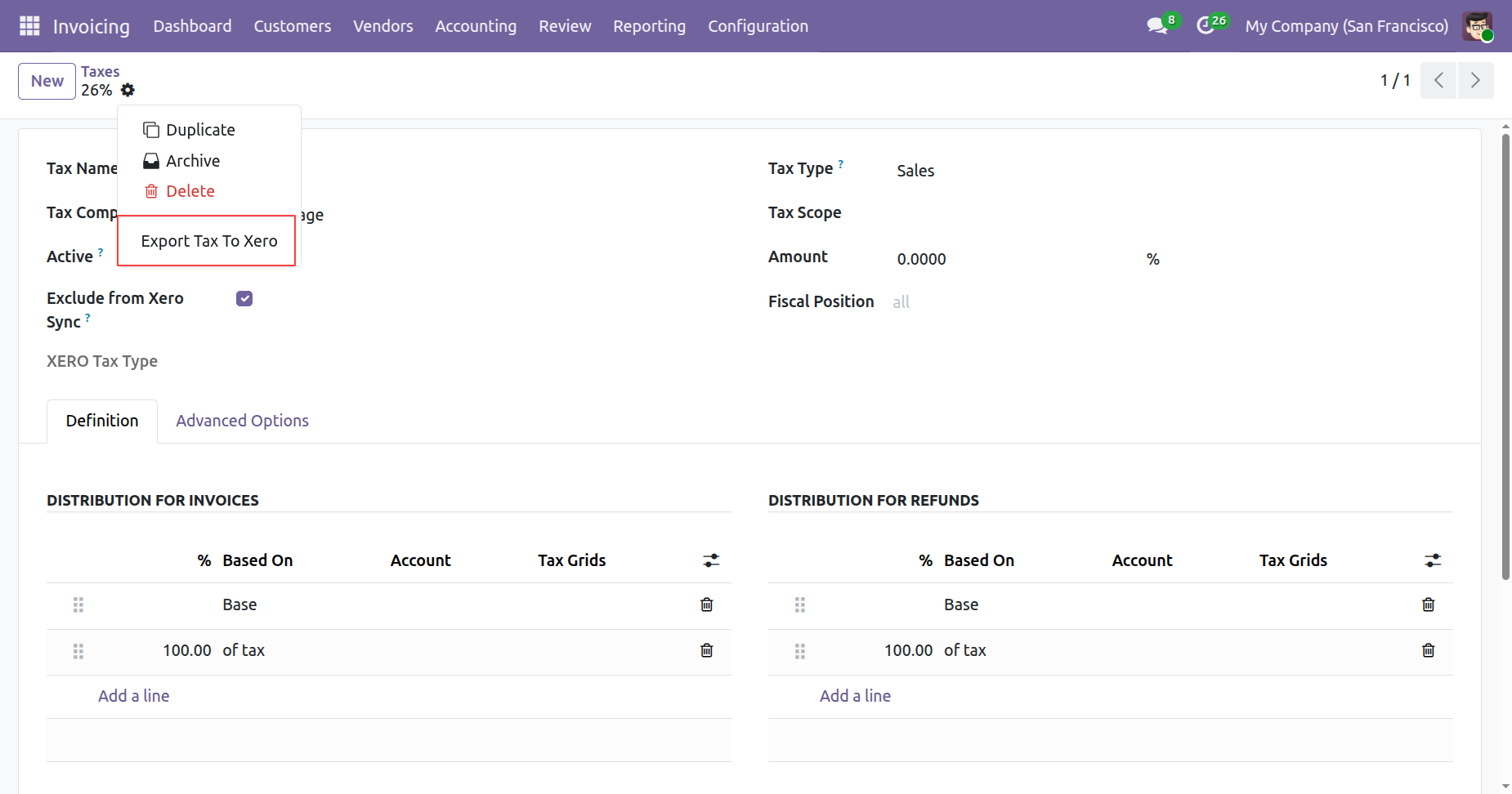 Export Tax to Xero option in tax form view
