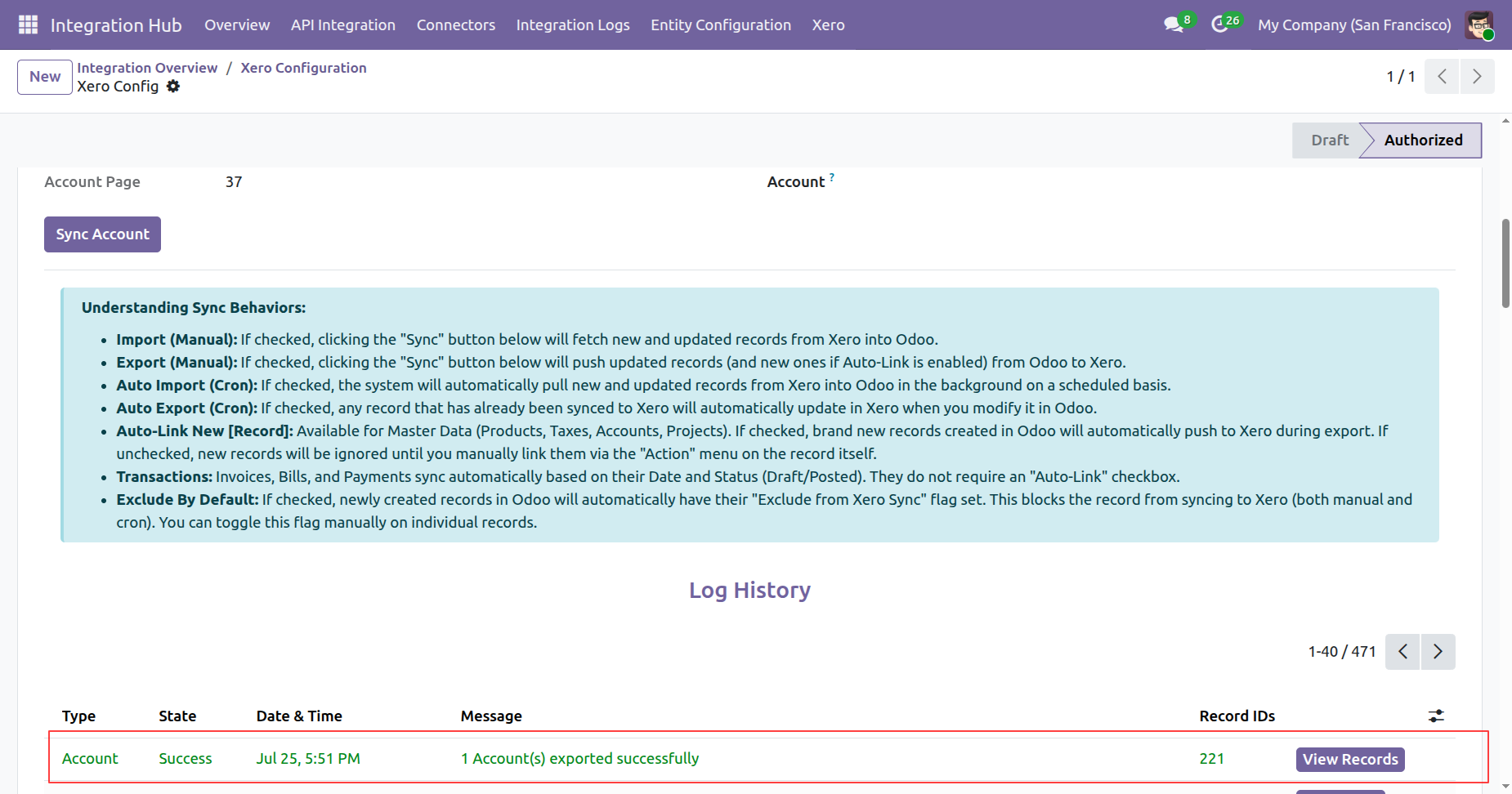 Account sync log history in Xero Configuration