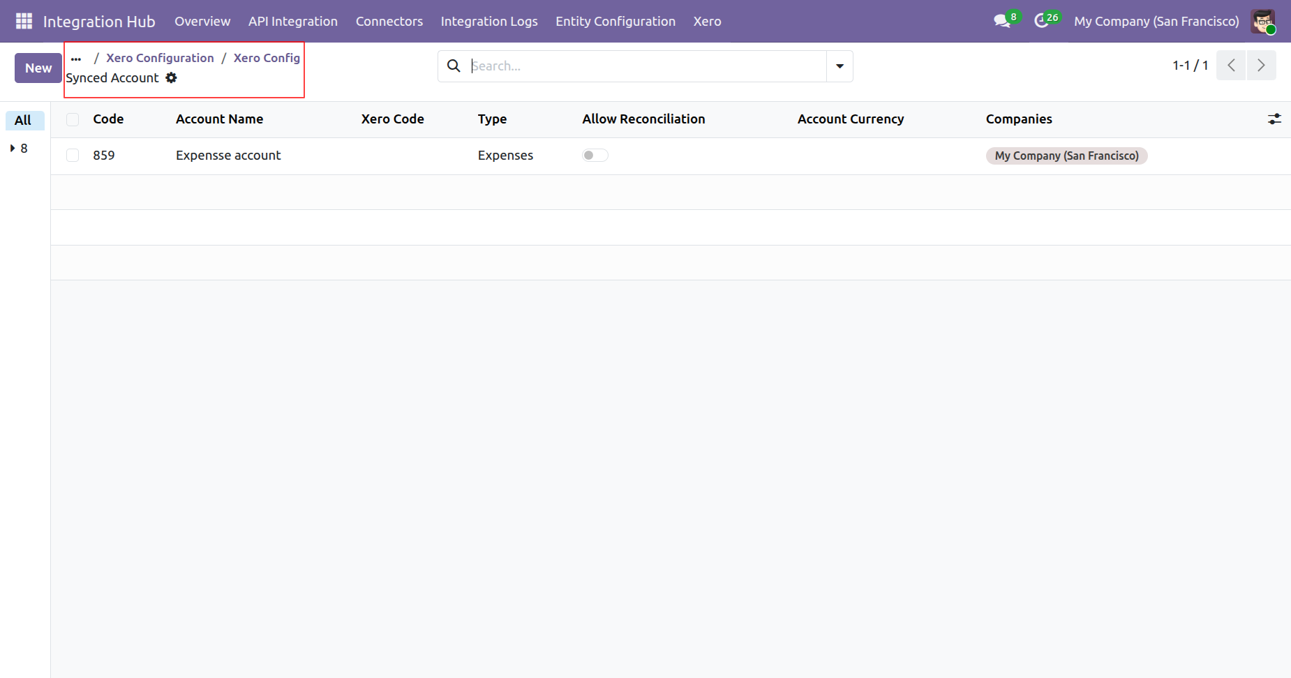 Synced account details view in Odoo