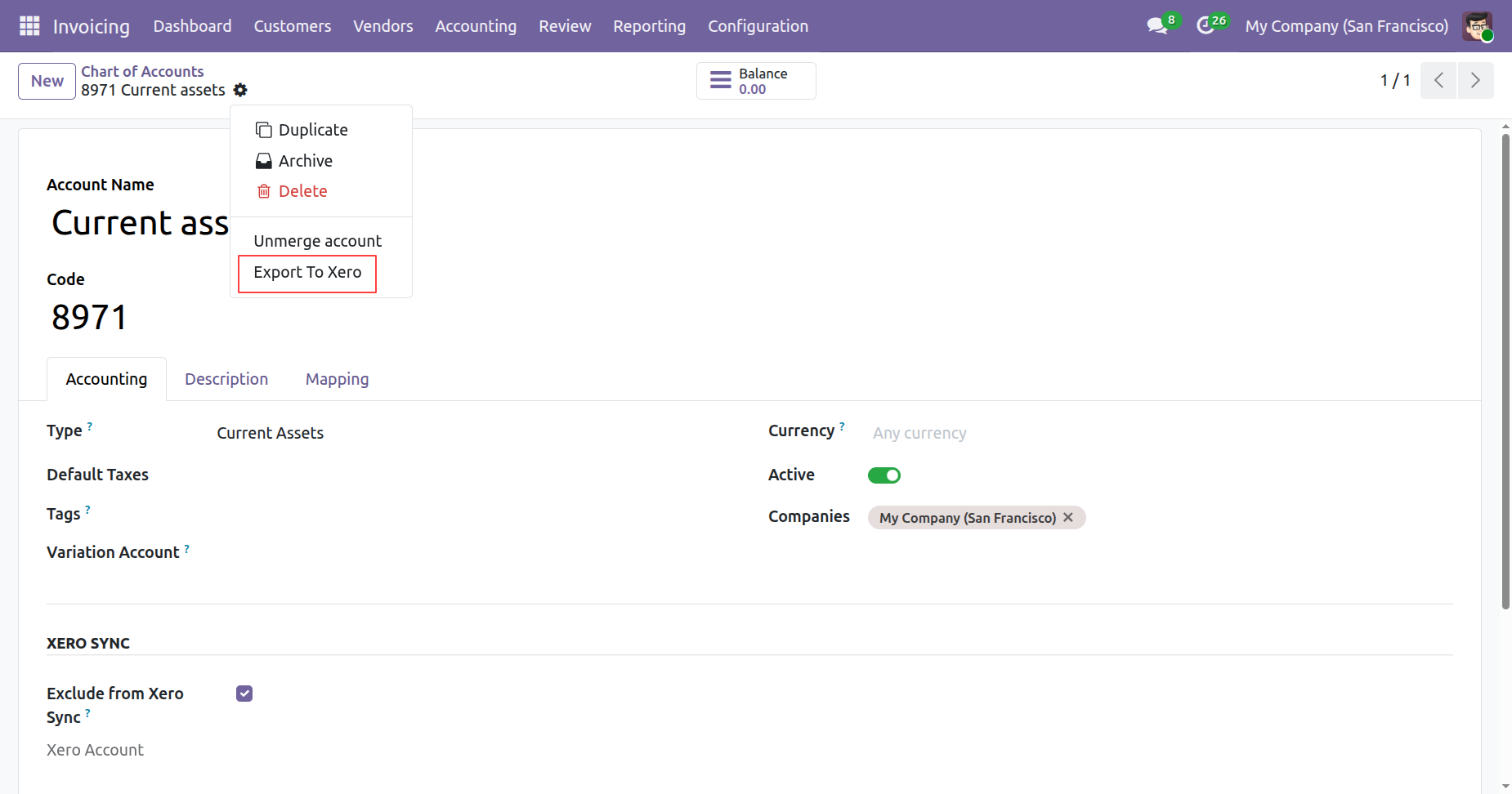 Export To Xero option in account form view