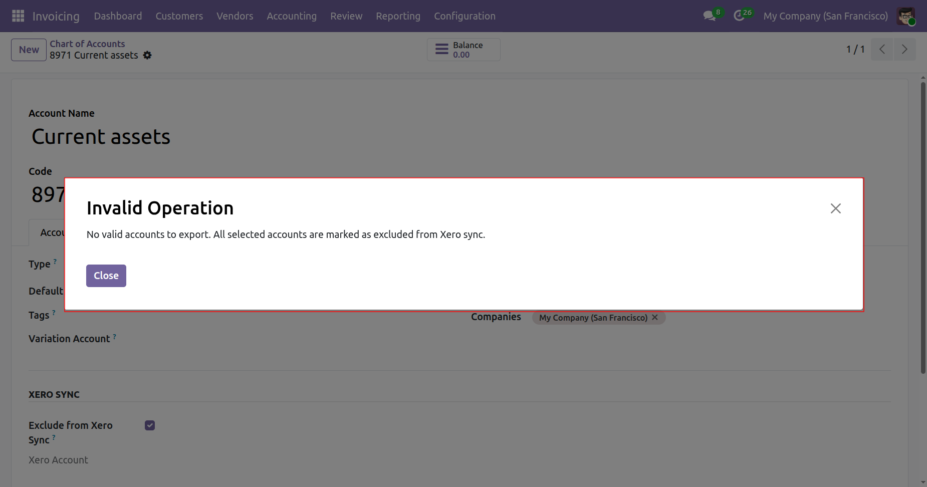 Invalid Operation warning for excluded account export in Odoo