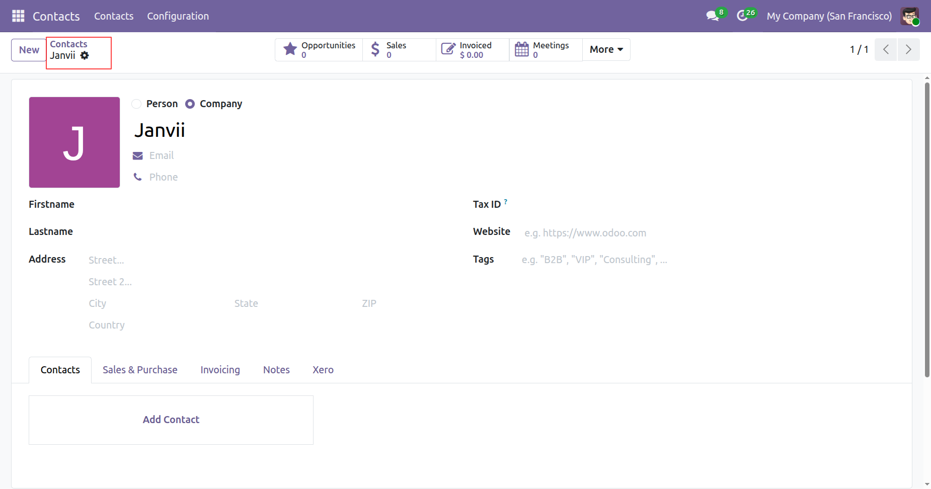 Create new contact in Odoo Contacts