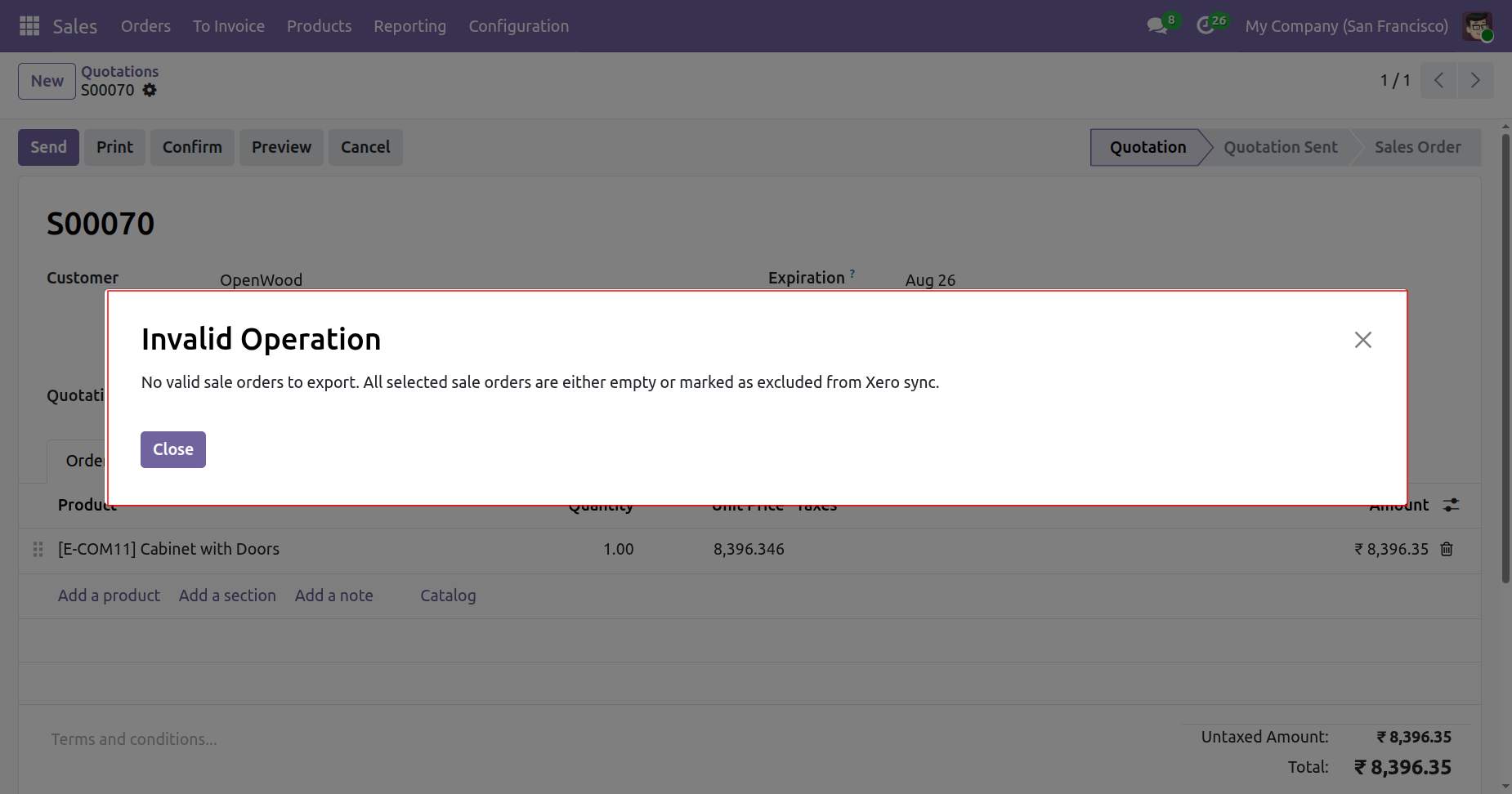 Invalid Operation warning for excluded sale order export