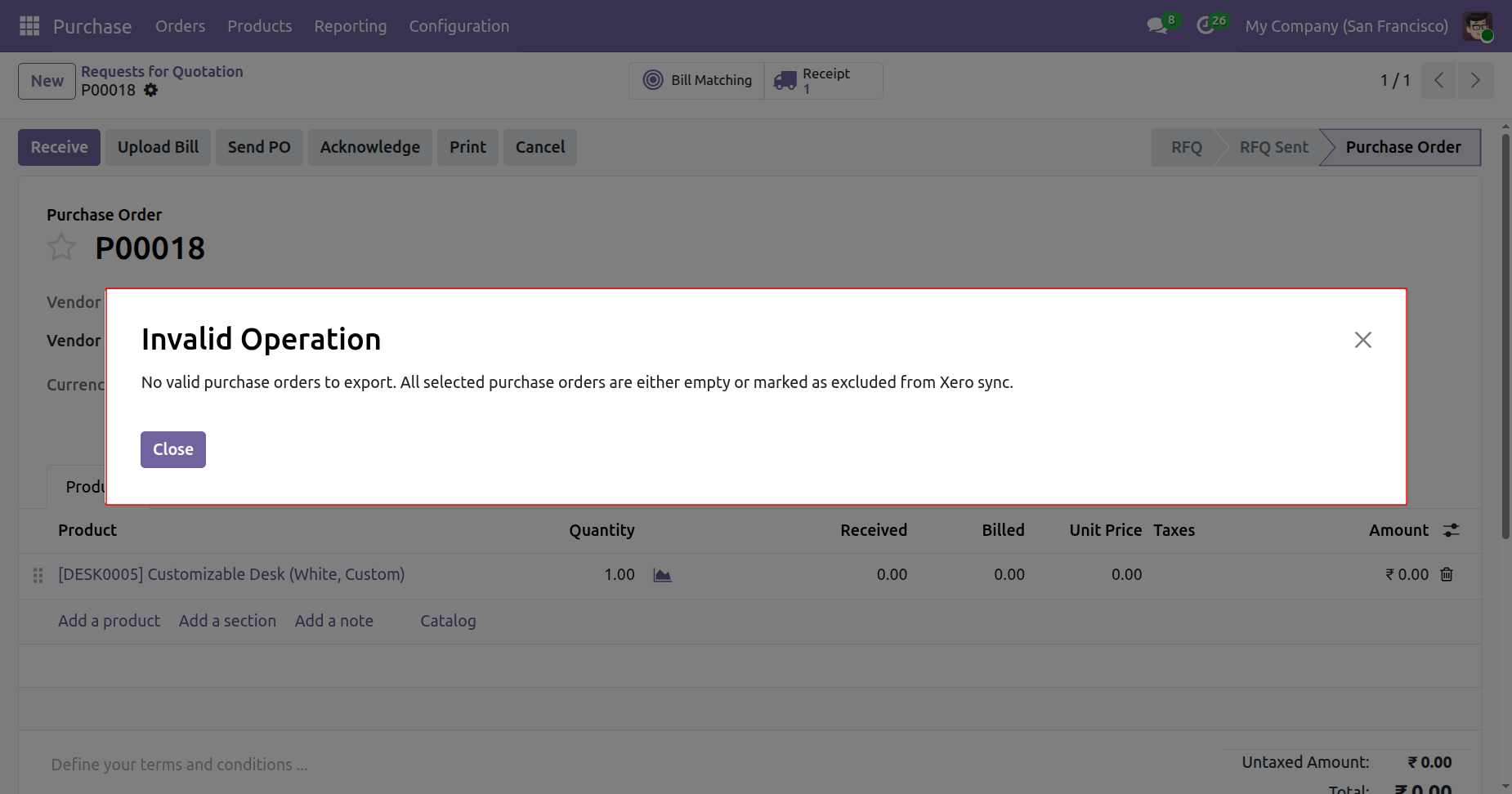 Invalid Operation warning for excluded purchase order export
