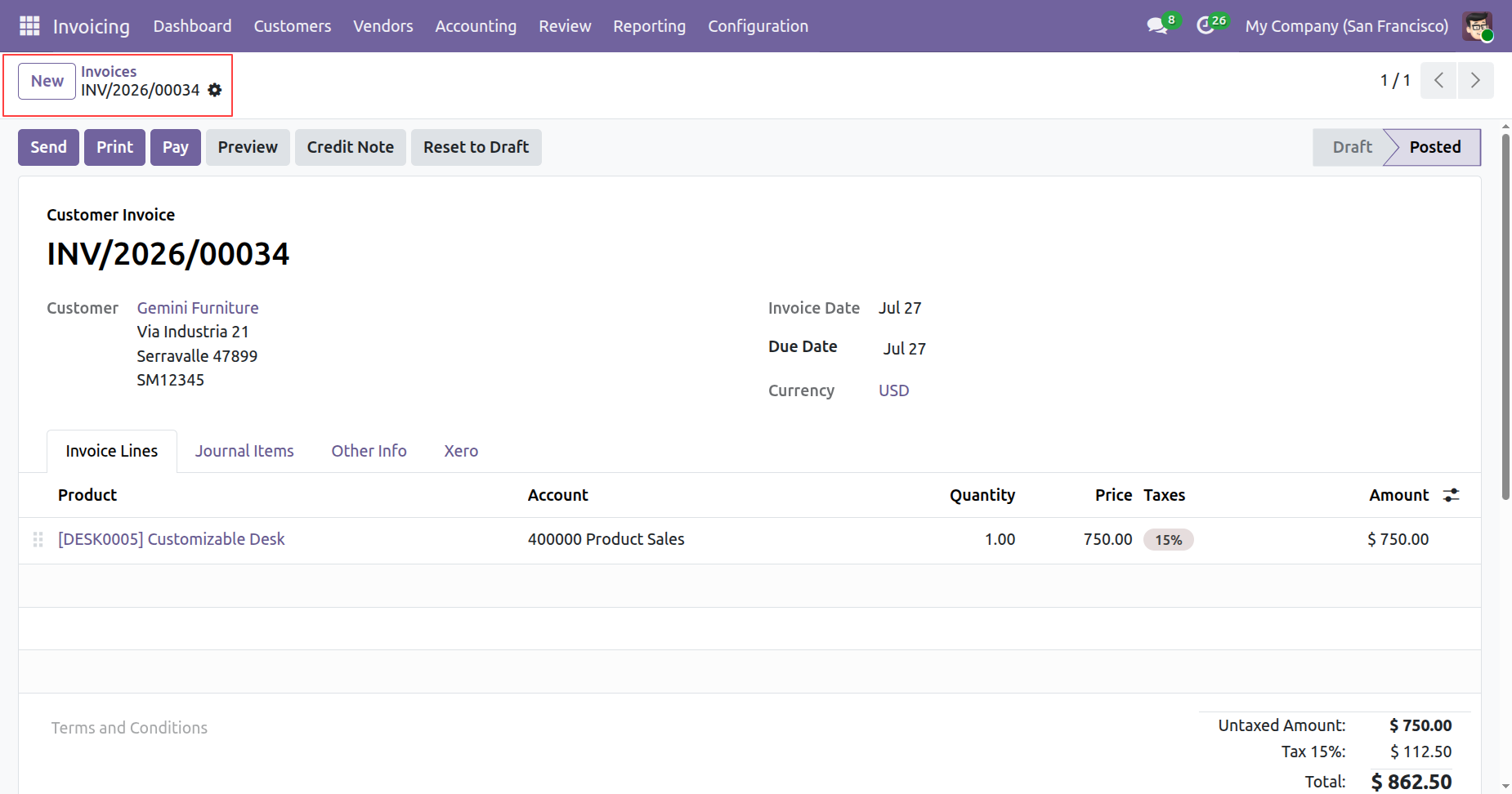 Create new customer invoice in Odoo
