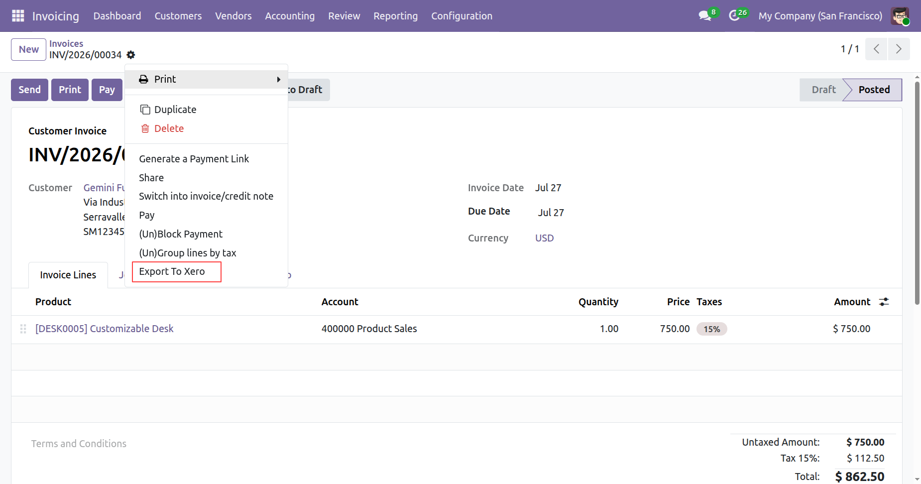 Export To Xero option in invoice form view