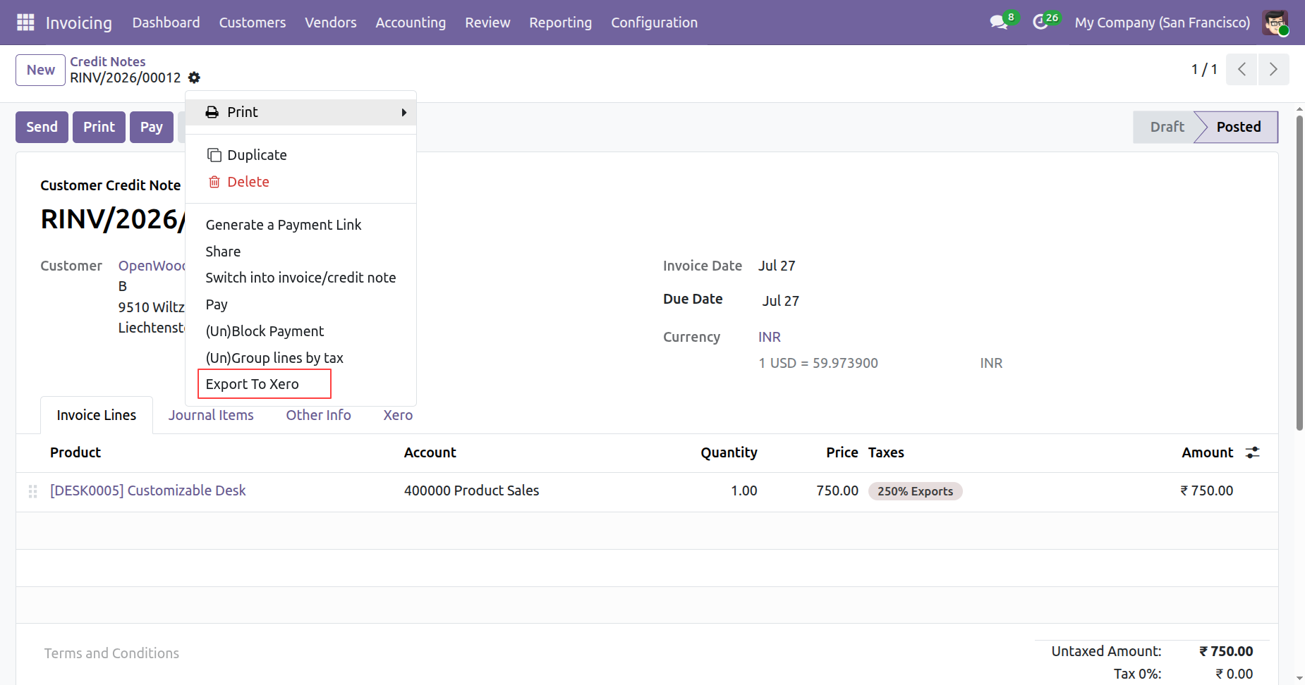 Export To Xero option in credit note form view