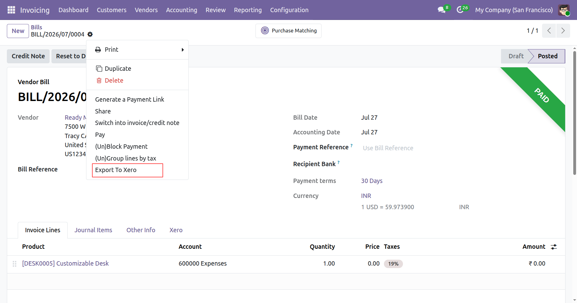 Export To Xero option in bill form view