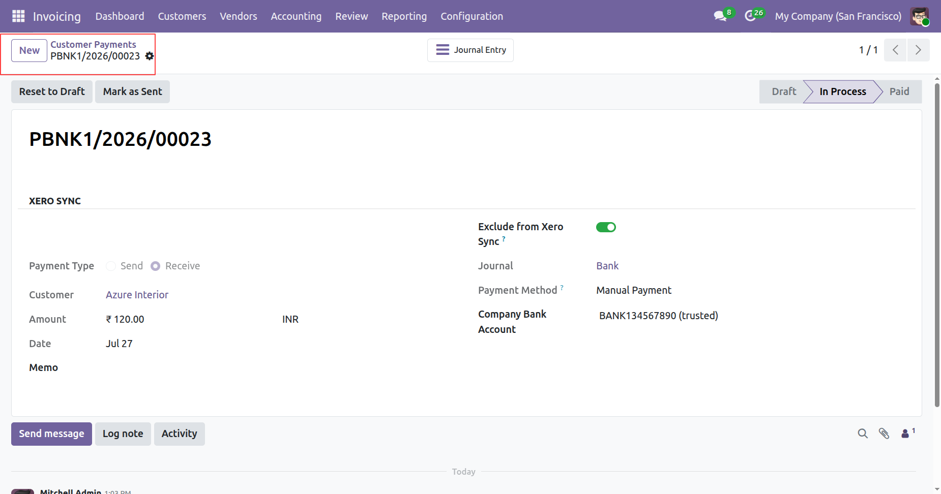 Create new customer payment in Odoo