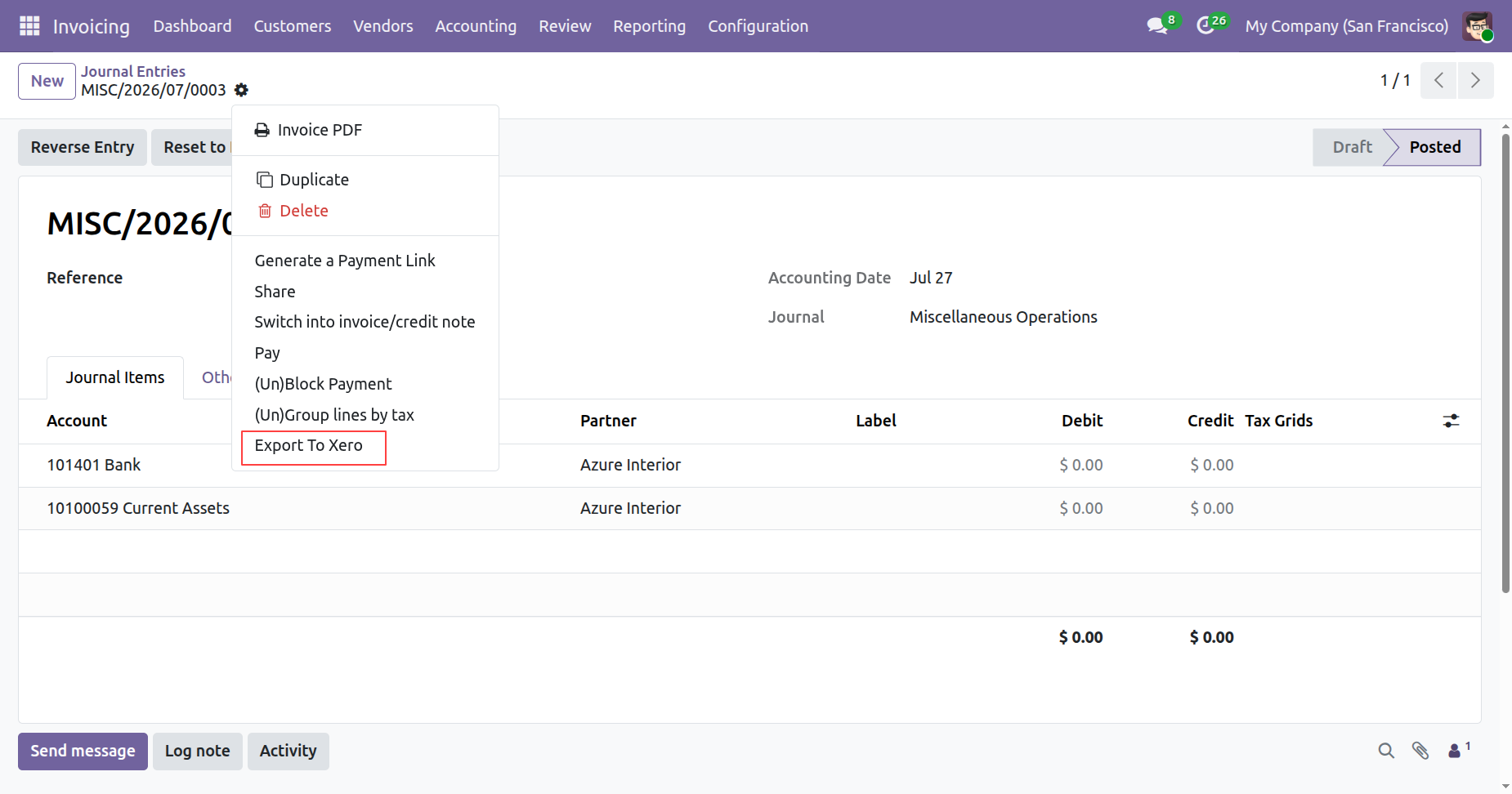 Export To Xero option in journal form view