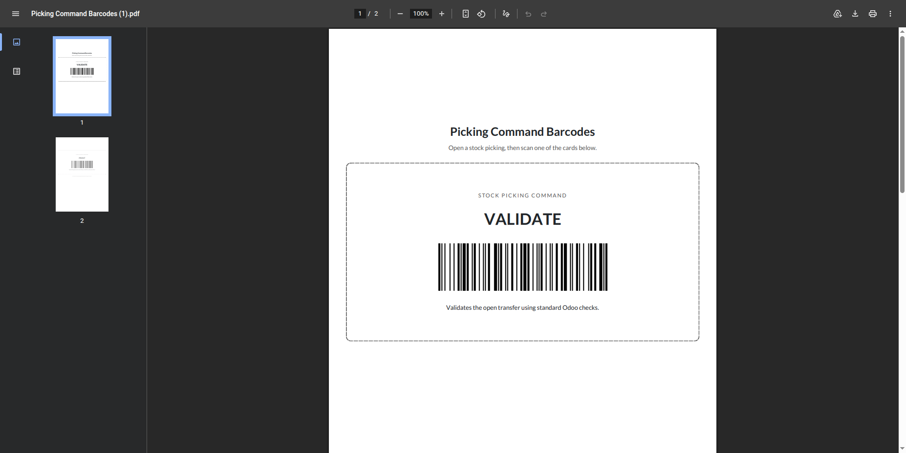 Generated PDF with a picking validate barcode card