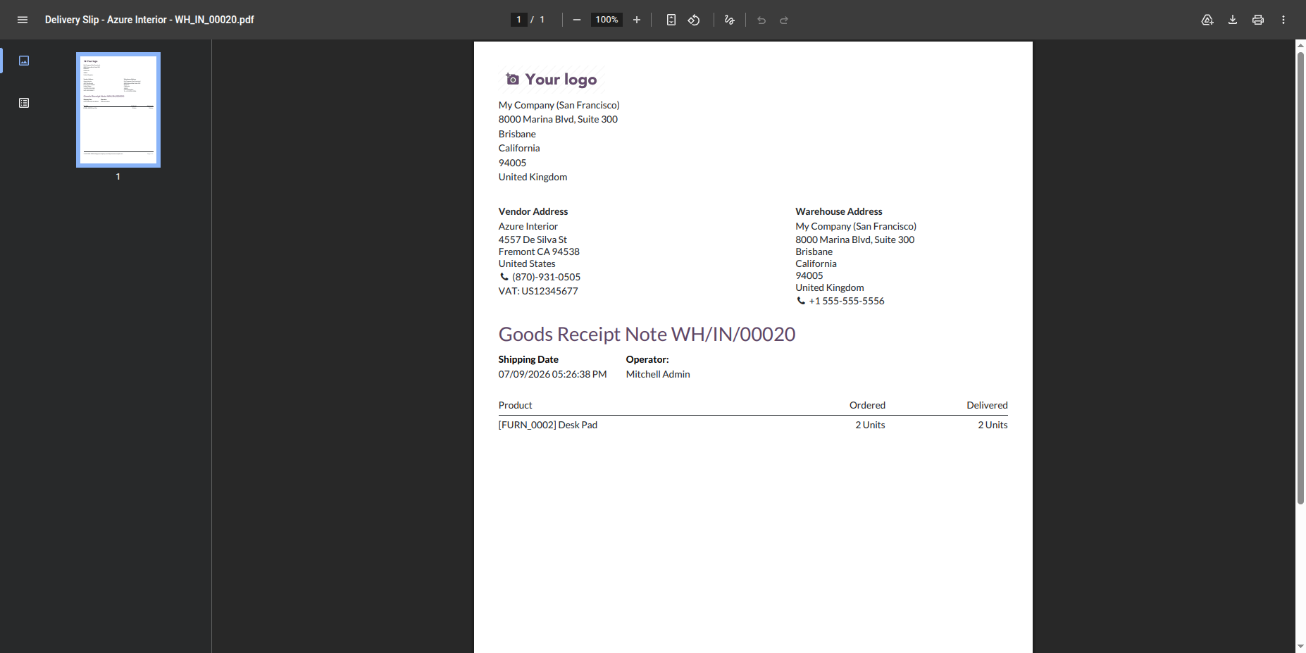 Generated goods receipt document after scanning the print barcode