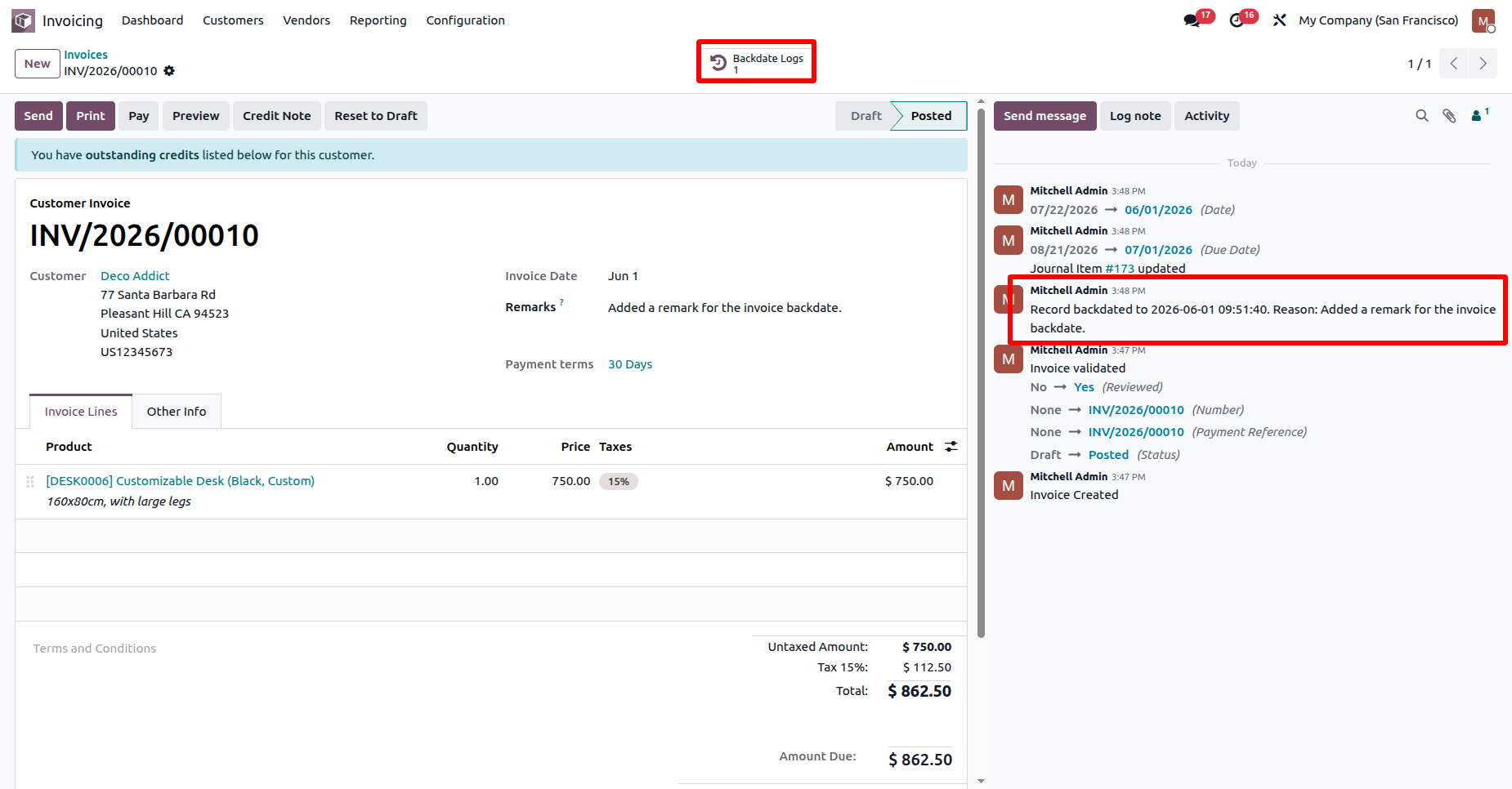 Odoo invoice with updated backdate and Backdate Logs