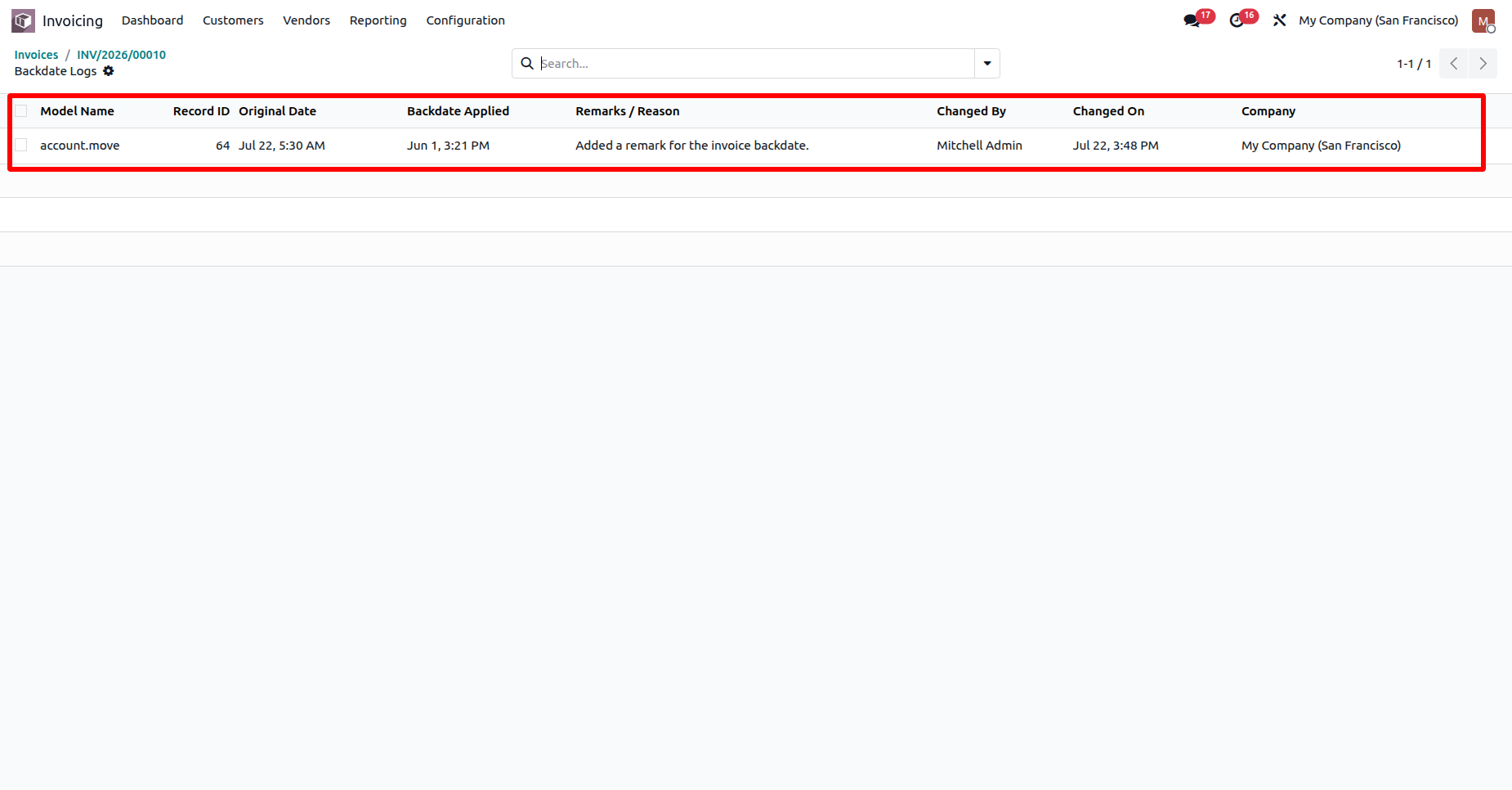 Odoo Invoice Backdate Logs history