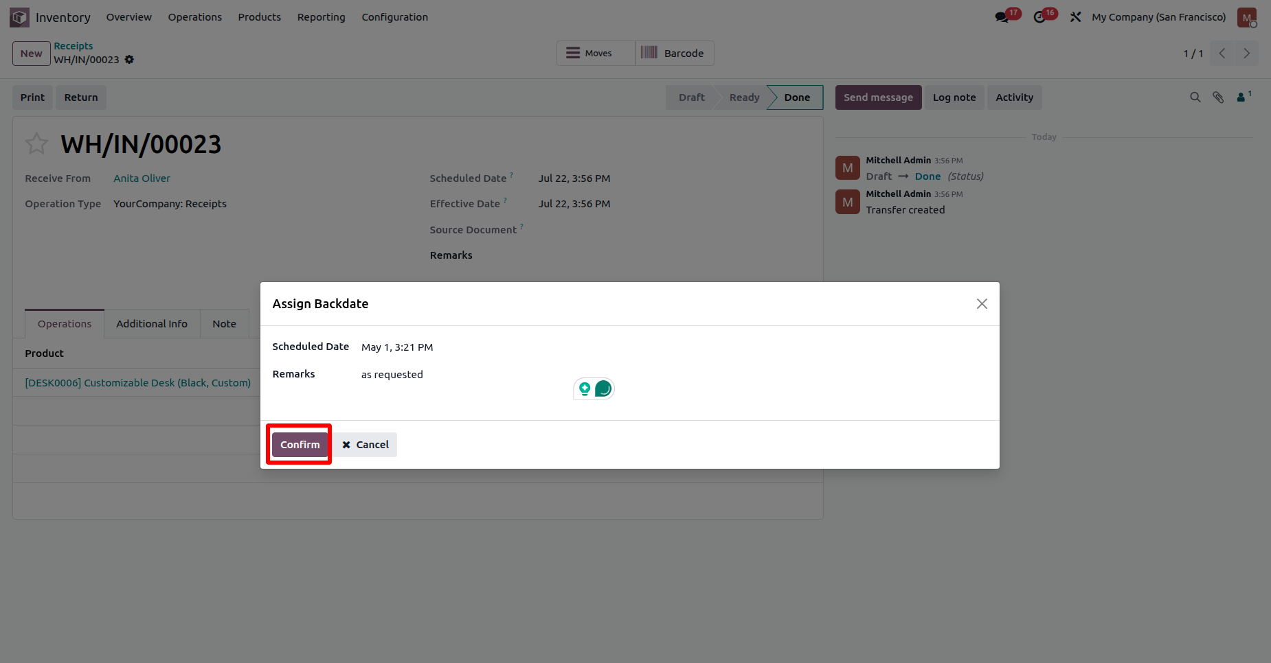 Odoo picking backdate confirmation