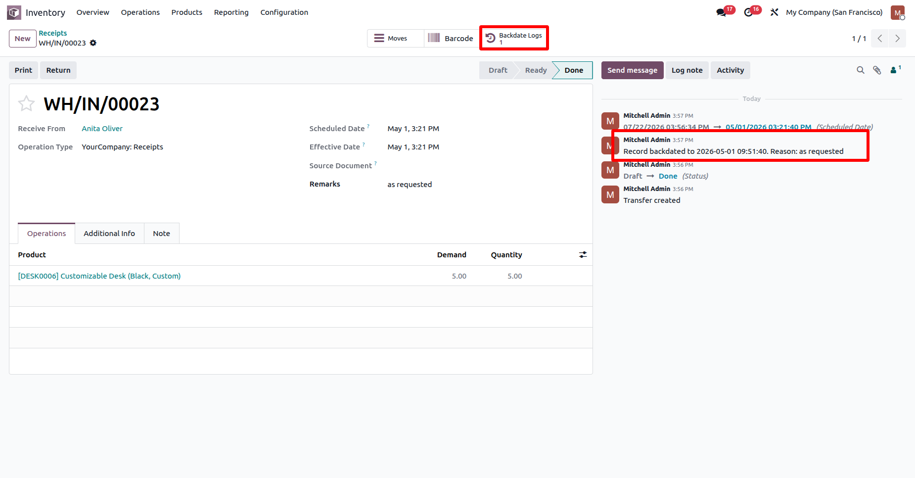 Odoo picking order with Backdate Logs