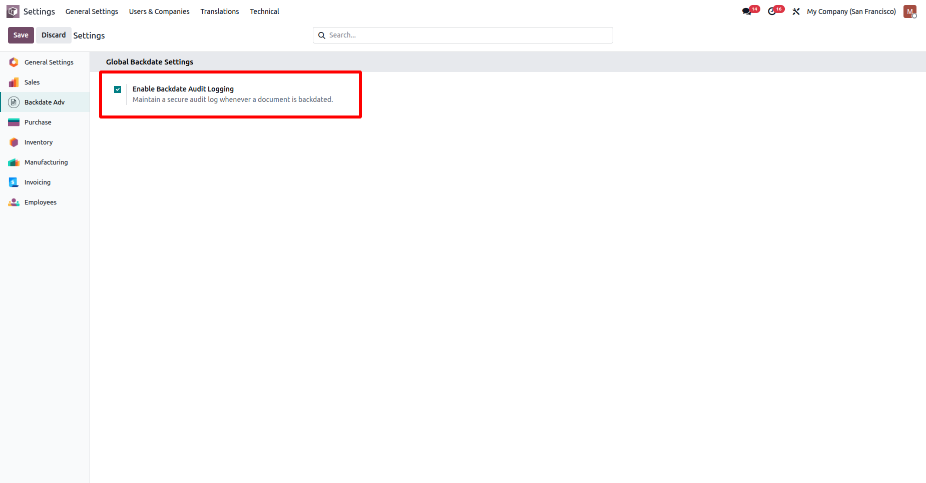 Odoo Sales settings with Backdate Audit Logging