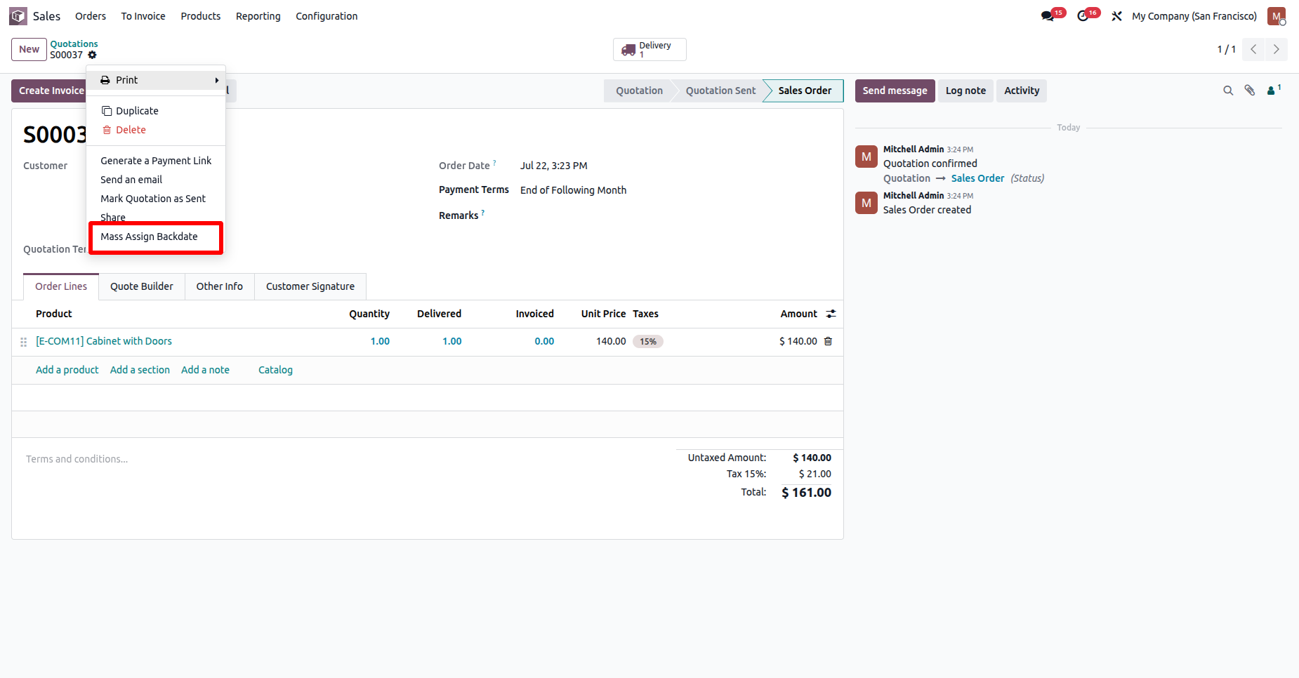 Odoo Action menu with Mass Assign Backdate