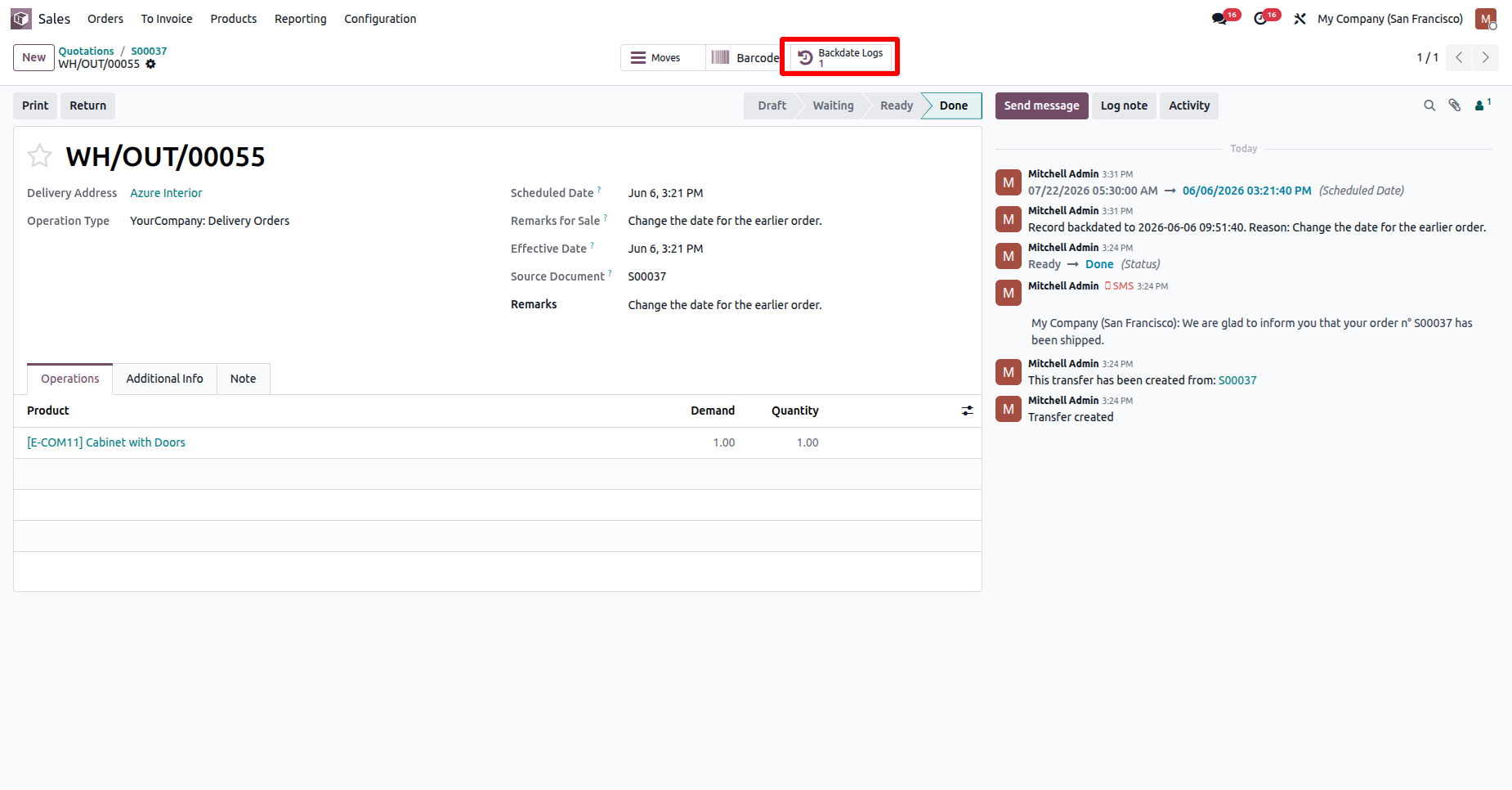 Odoo delivery order with Backdate Logs
