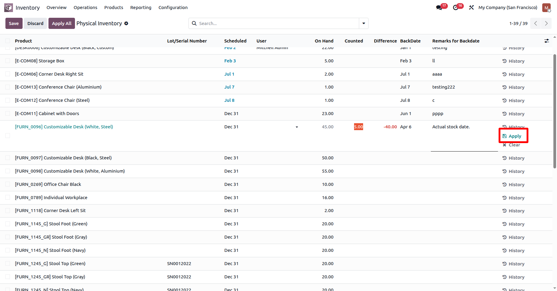 Odoo inventory adjustment backdate application